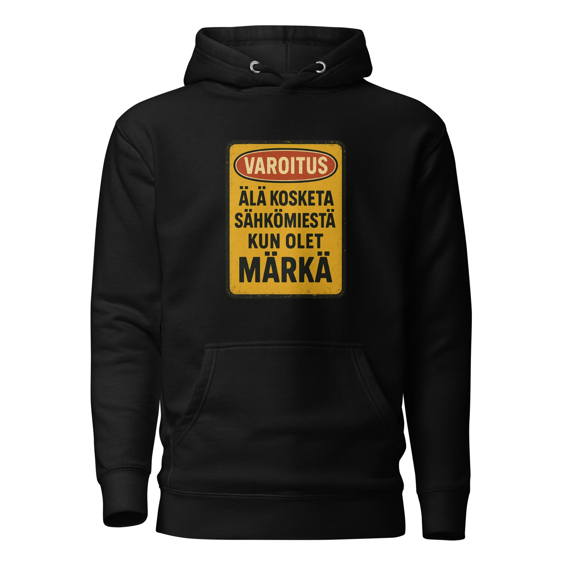 Hauska sähkömies huppari mustassa värissä varoitusviestillä sähkömiehestä