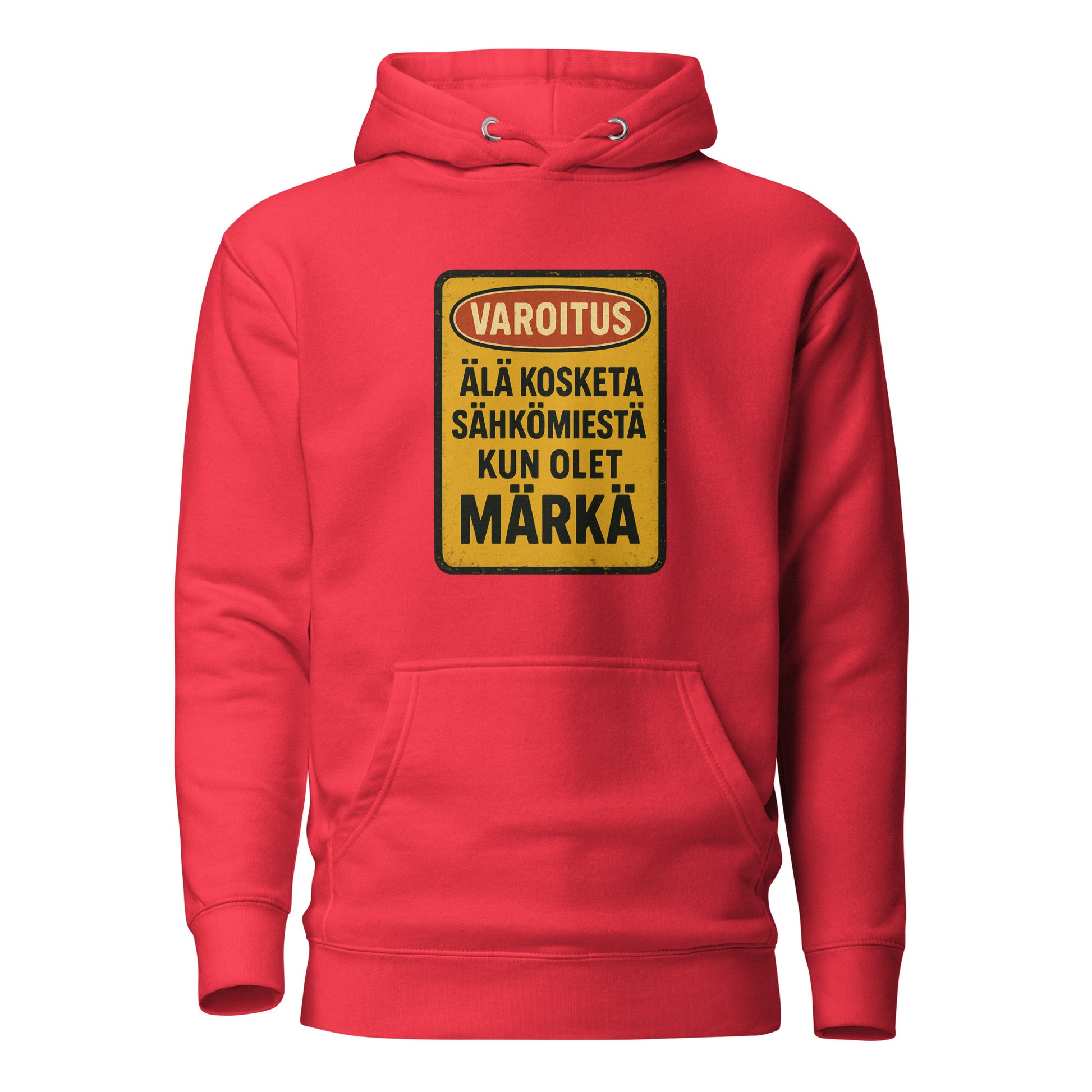 Hauska sähkömies huppari punaisella värillä ja varoitustekstillä koristeltuna