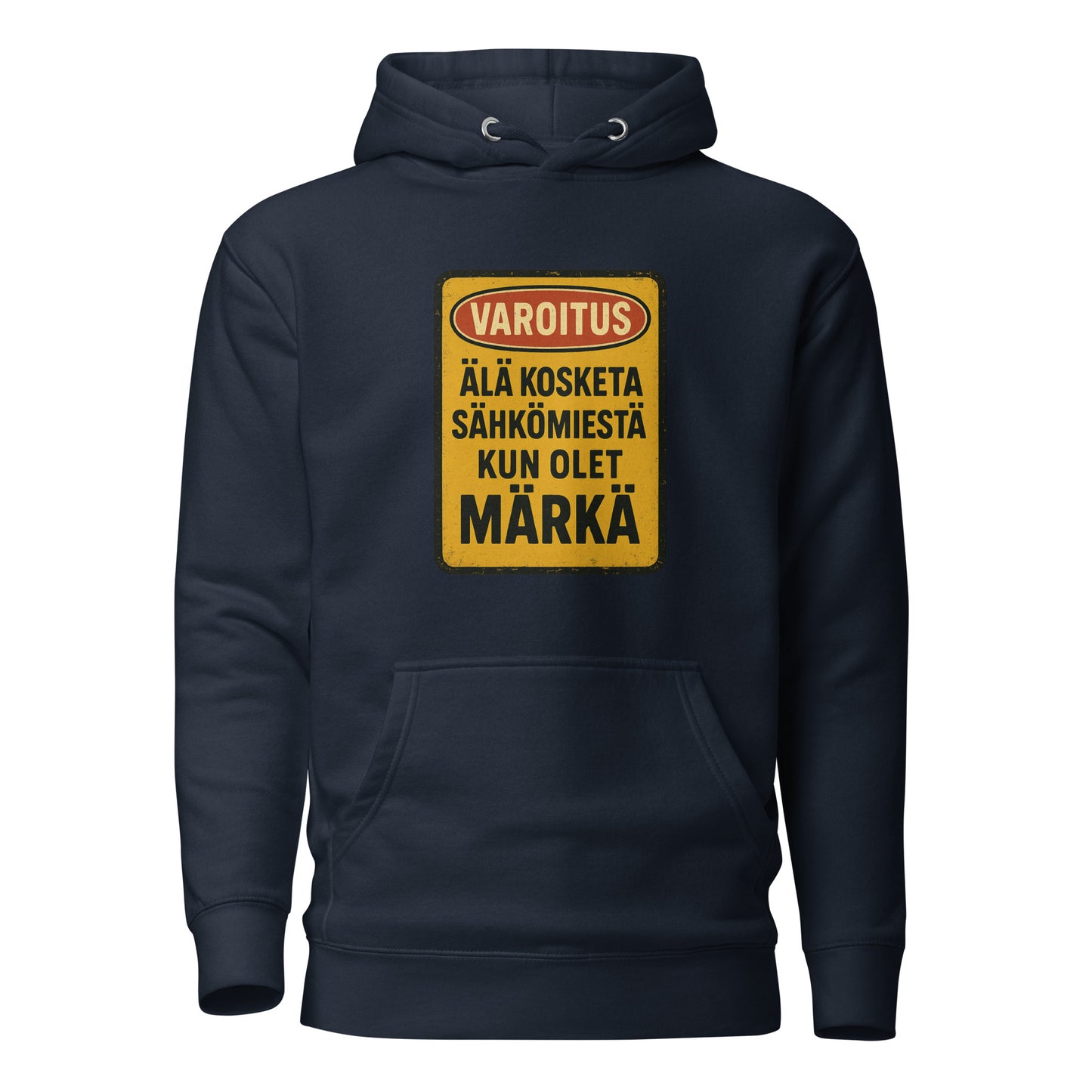 Hauska sähkömies huppari tummansinisellä taustalla ja keltaisella varoitusmerkillä