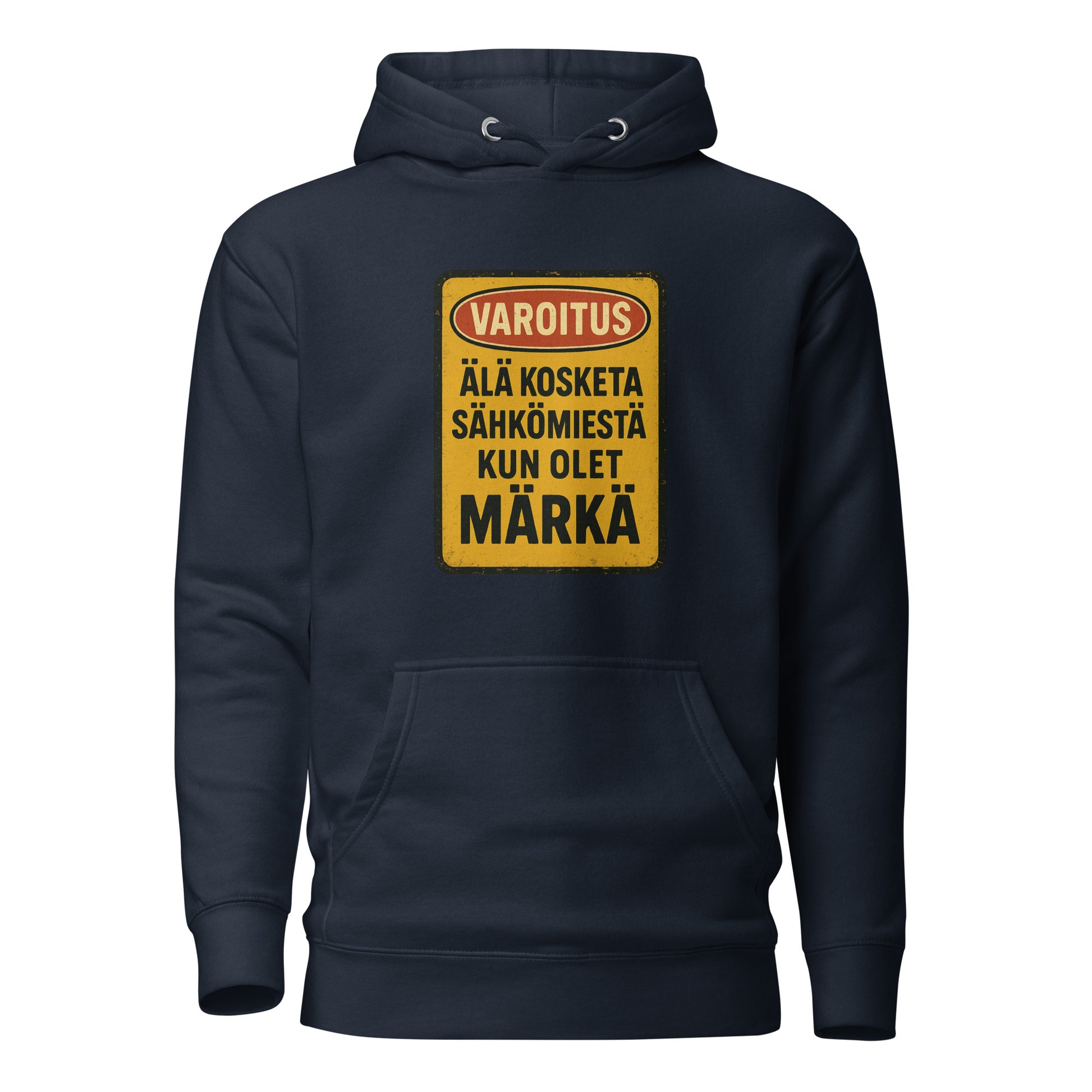 Hauska sähkömies huppari tummansinisellä taustalla ja keltaisella varoitusmerkillä