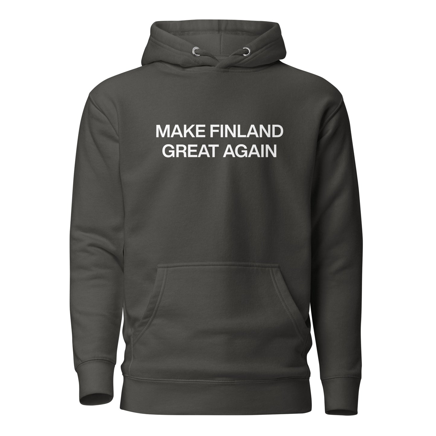 Hauska Suomi huppari, jossa on Make Finland Great Again -teksti edessä, mukava ja tyylikäs