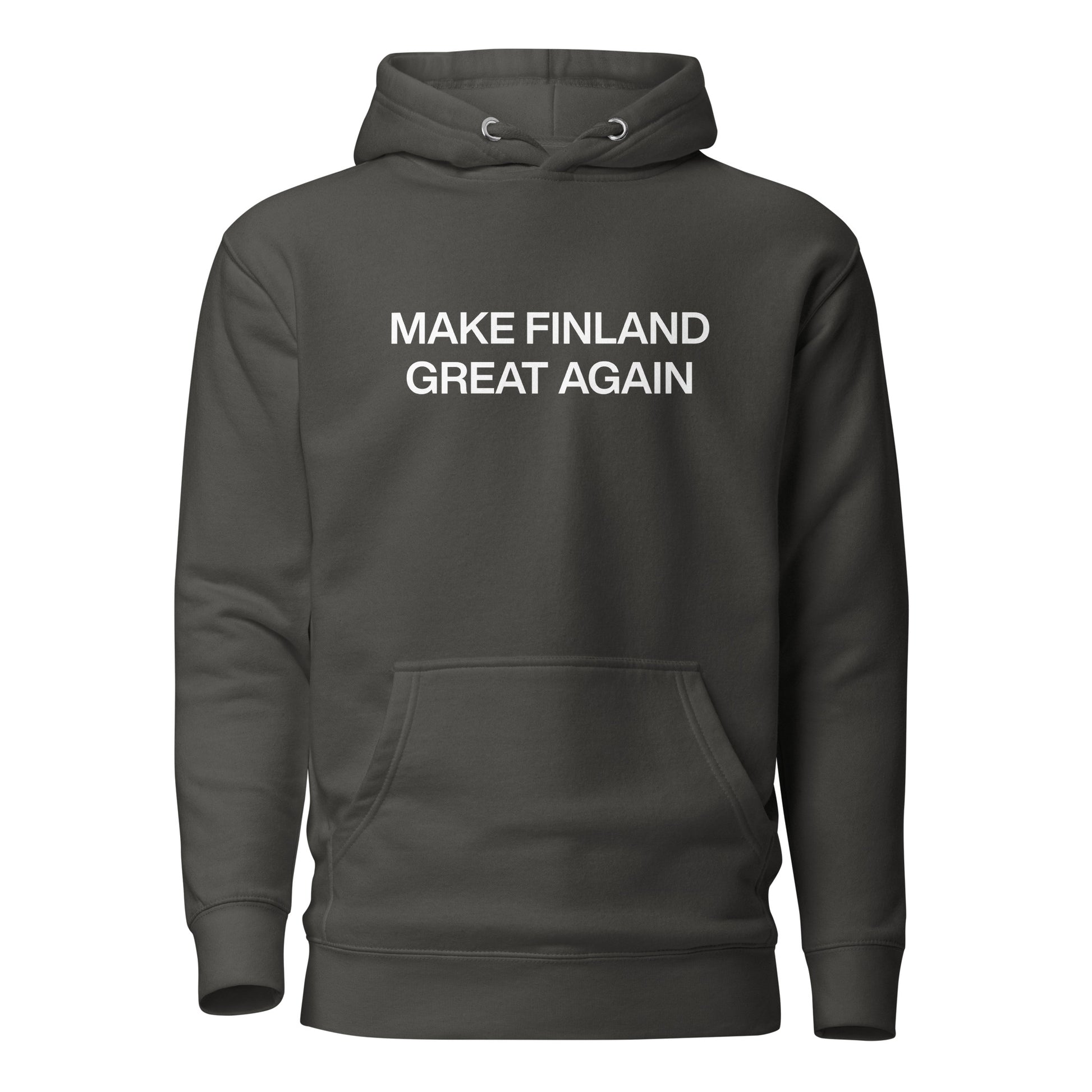 Hauska Suomi huppari, jossa on Make Finland Great Again -teksti edessä, mukava ja tyylikäs