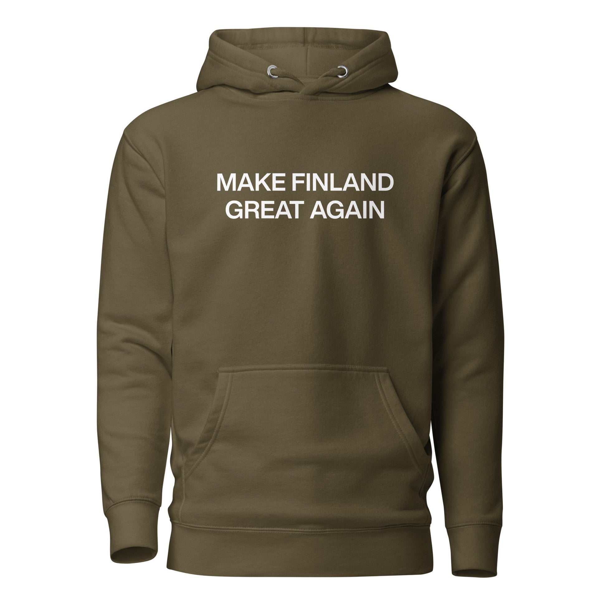 Hauska suomi huppari, jossa on valkoinen teksti Make Finland Great Again, mukava malli
