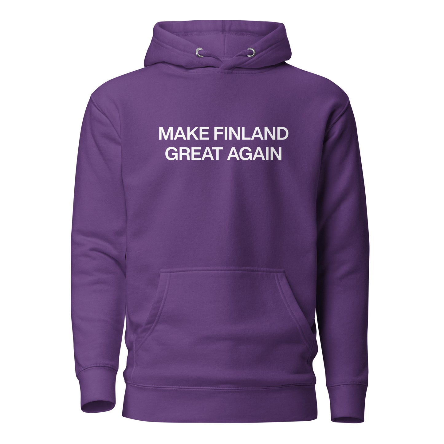 Hauska Suomi huppari violetissa värissä, jossa teksti MAKE FINLAND GREAT AGAIN