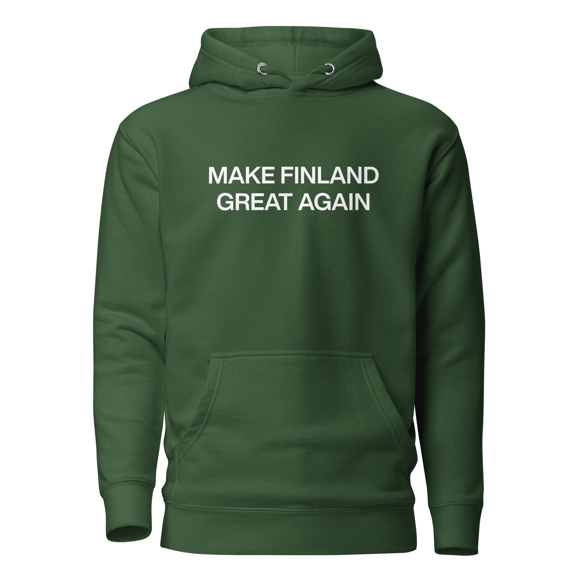 Meemirotta hauska suomi huppari tummanvihreänä tekstillä Make Finland Great Again