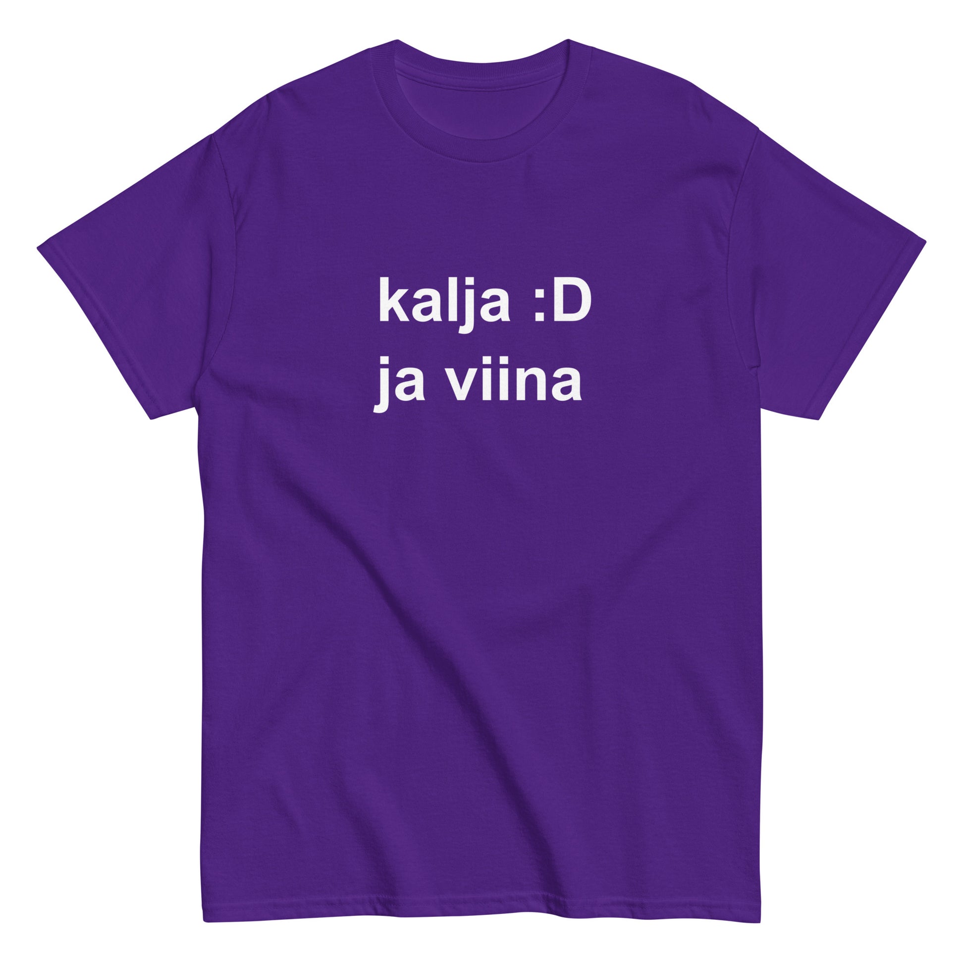 Hauska t-paita kalja ja viina - violetti T-paita, jossa on iloisen ilmeen teksti