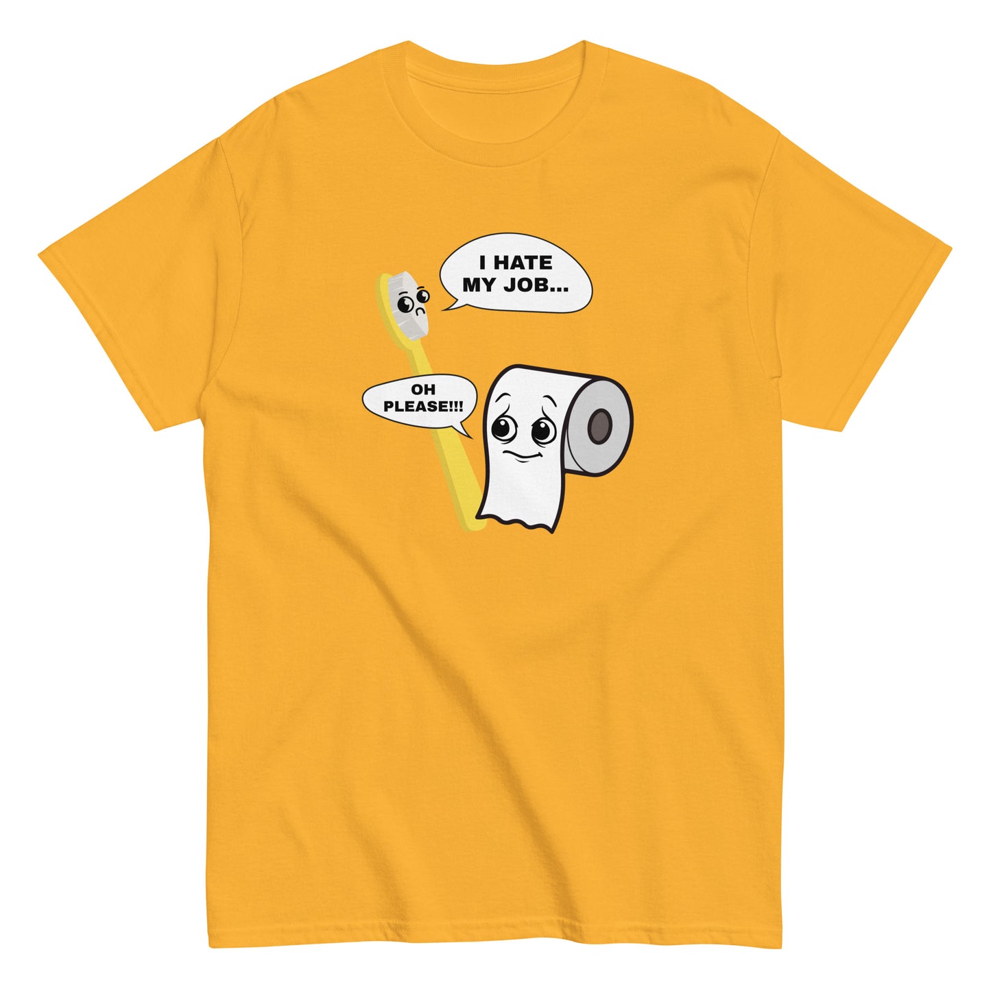 Hauska t-paita lahjaksi keltaisella pohjalla, jossa on huumorikuvasto ja tekstejä työstä.