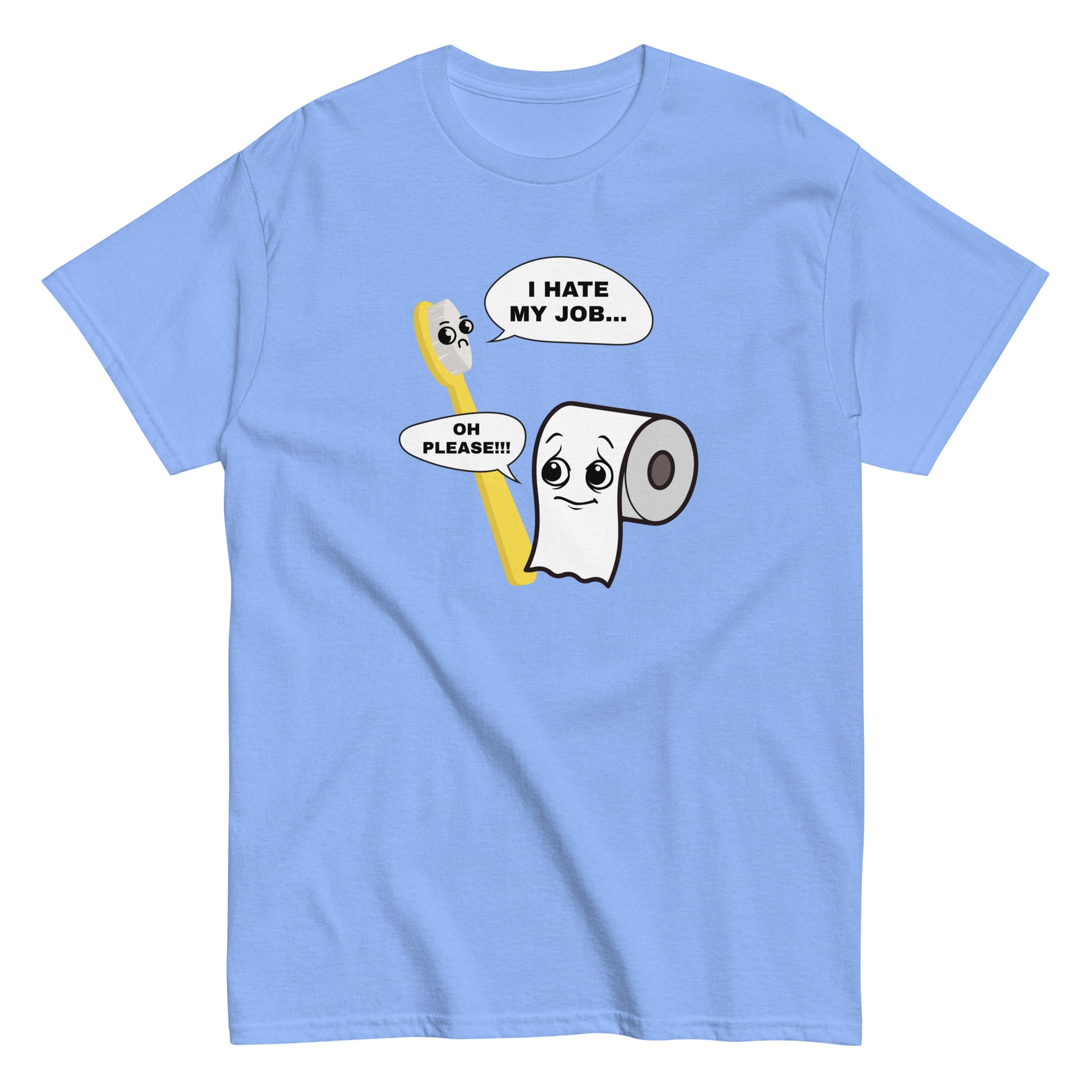 Hauska t-paita lahjaksi, jossa vitsikäs piirros hammasharjasta ja wc-paperista