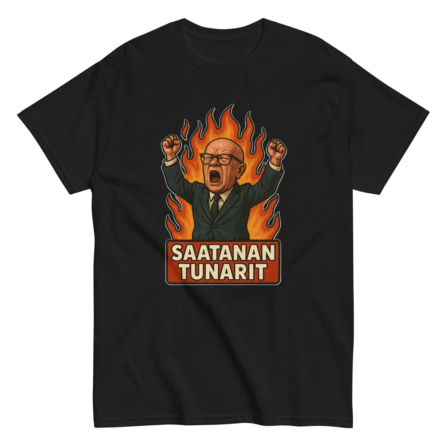 Hauska t-paita mustalla taustalla, jossa kuva huutavasta hahmosta tulen keskellä