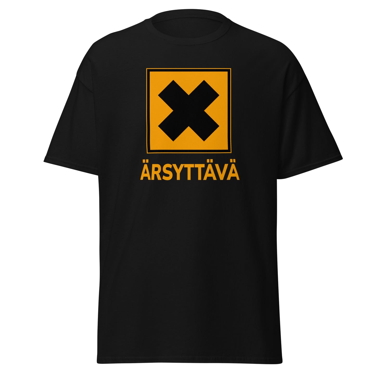 Meemirotta hauska t-paita mustalla pohjalla ja keltaisella tekstillä ÄRSYTTÄVÄ