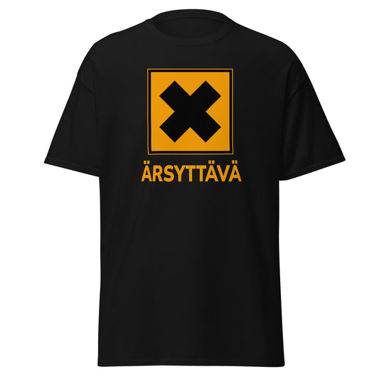 Meemirotta hauska t-paita mustalla pohjalla ja keltaisella tekstillä ÄRSYTTÄVÄ