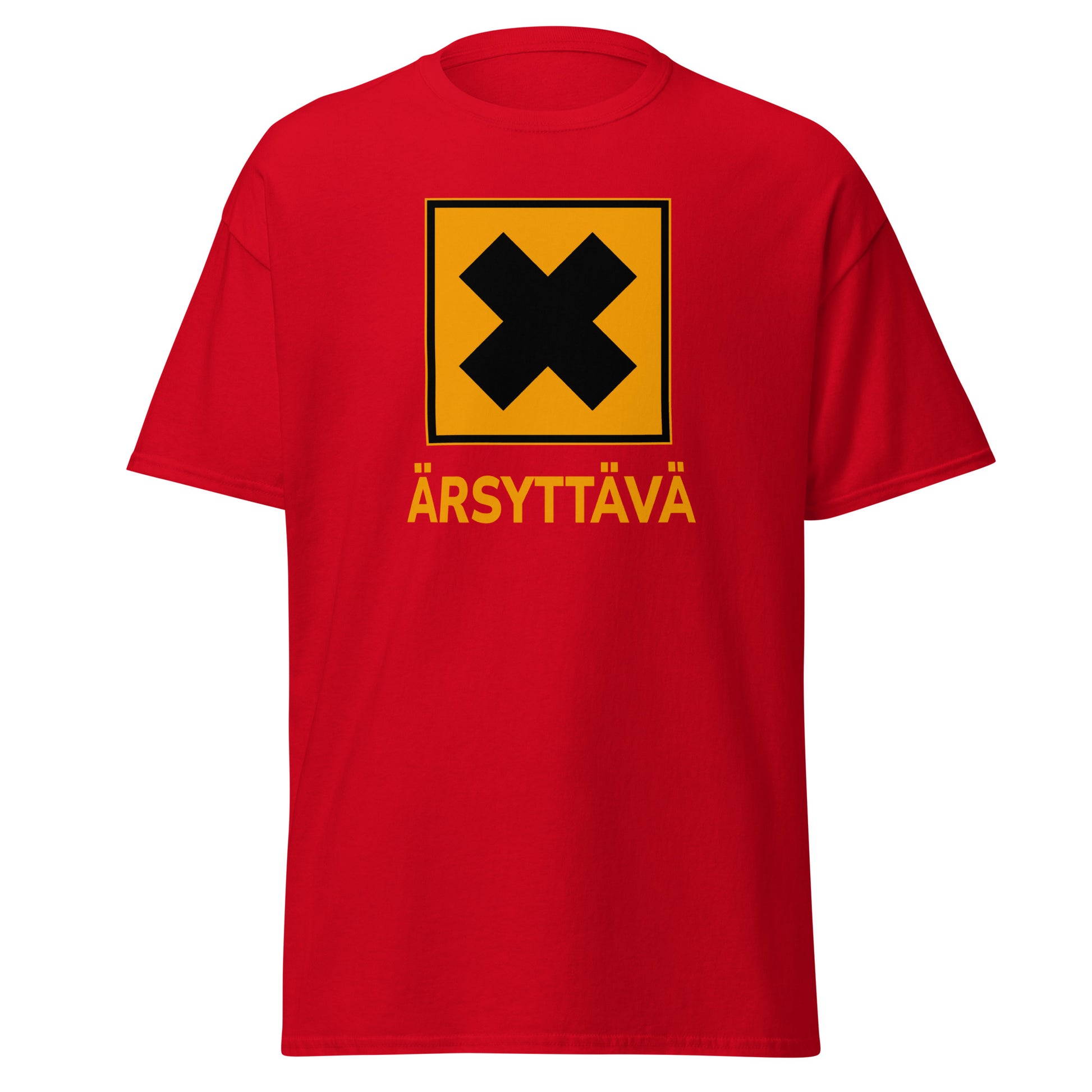 Hauska t-paita punainen, jossa musta X-symboli ja teksti ÄRSYTTÄVÄ