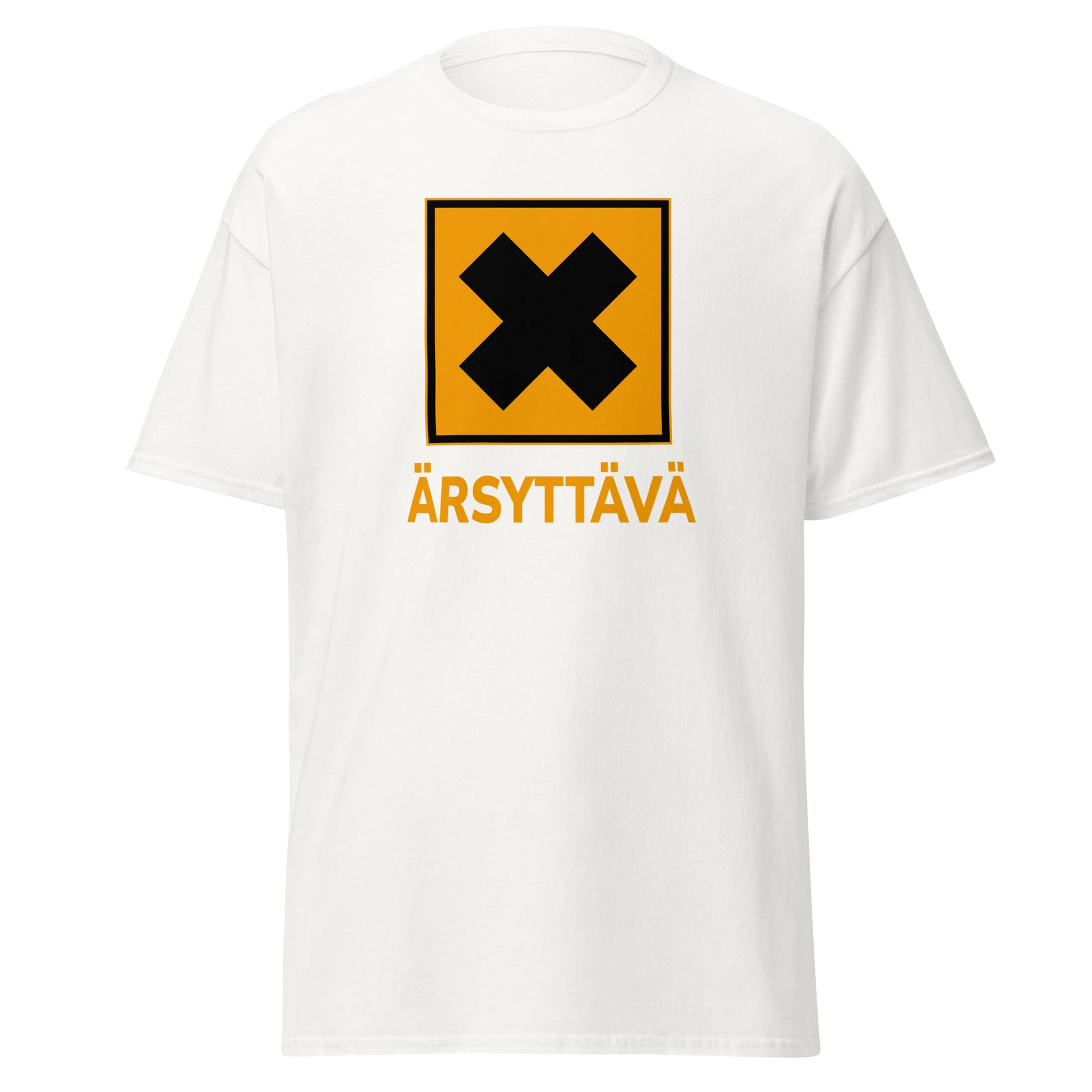 Hauska t-paita valkoisella pohjalla, jossa musta X-symboli ja teksti ärsyttävä