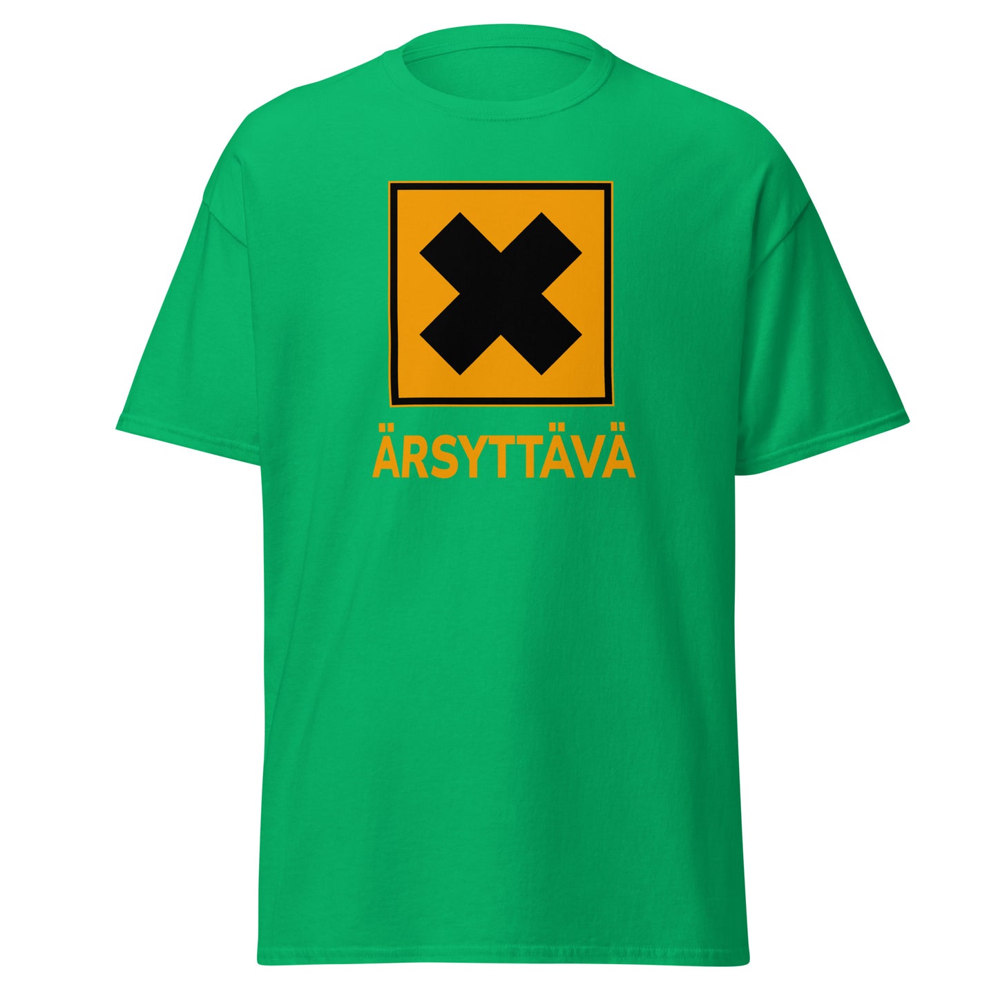 Hauska t-paita vihreänä, jossa on musta ja keltainen Ärsyttävä-signaali.