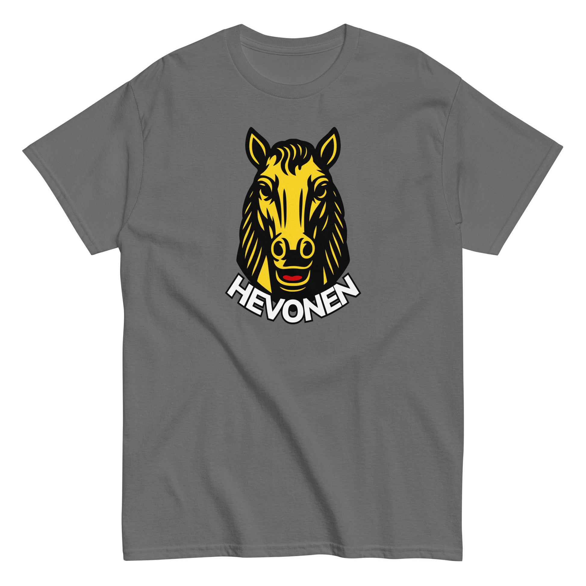 Harmaa hevonen t-paita, jossa on keltainen hevosen päähahmo ja teksti Hevonen