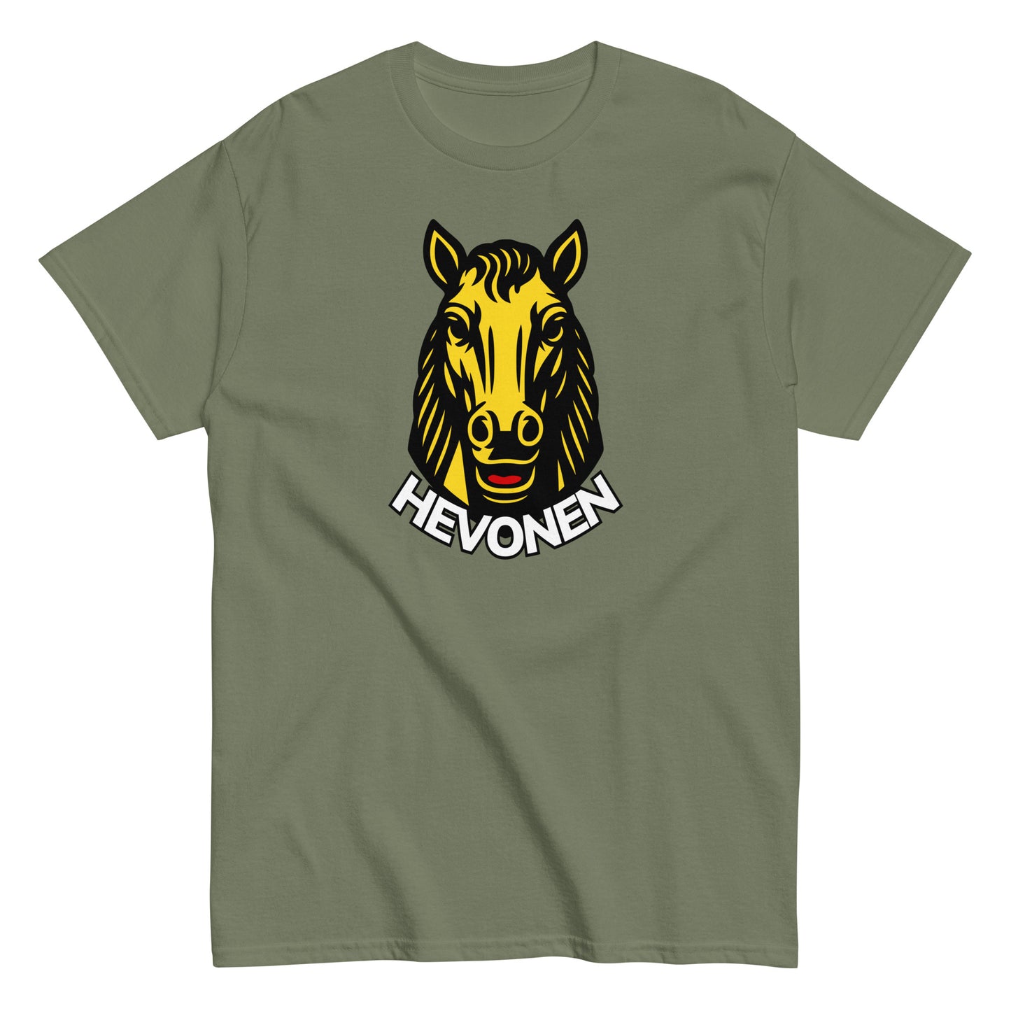 Meemirotta hevonen t-paita, jossa keltainen hevosenpäähahmo ja teksti HEVONEN