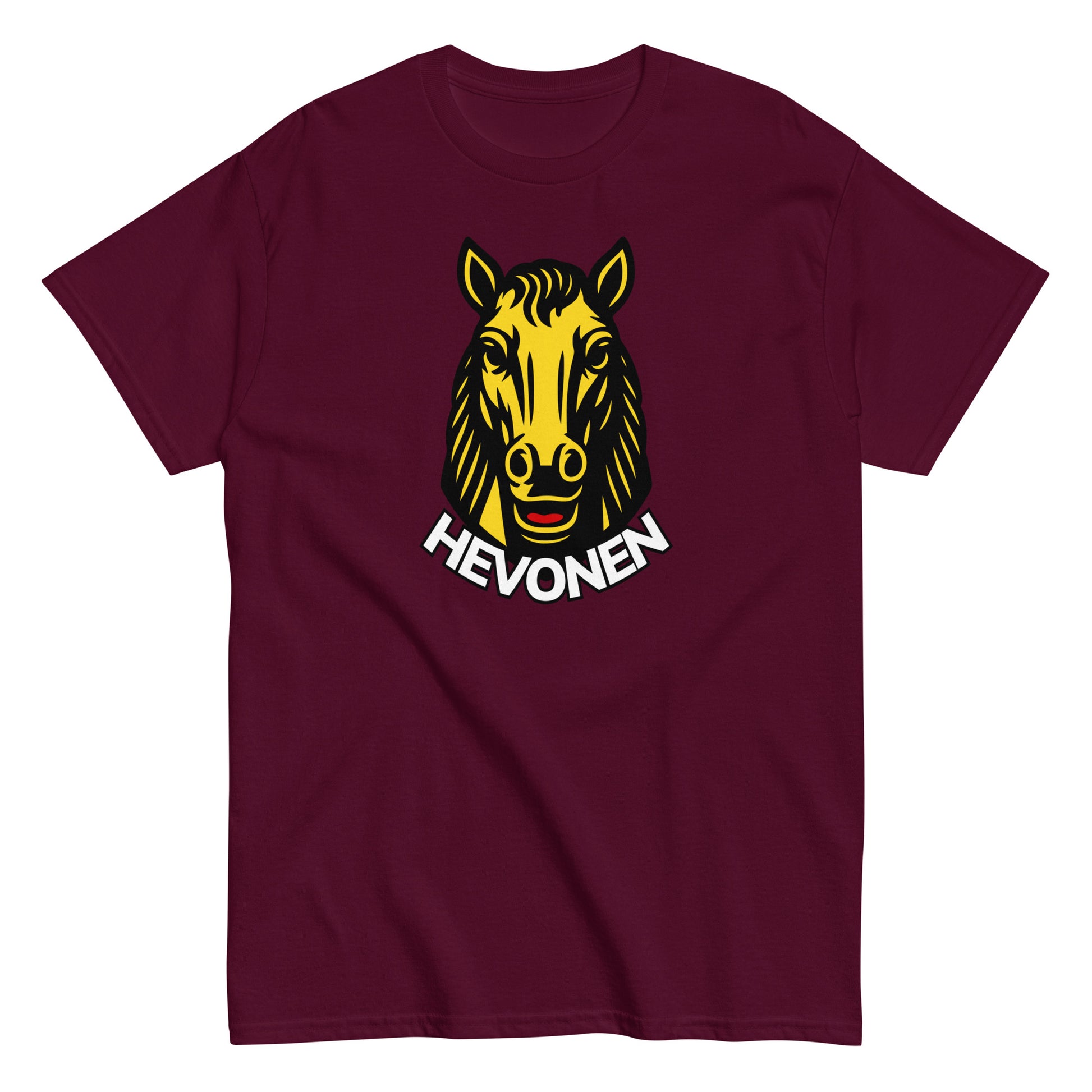 Meemirotta hevonen t-paita tummanpunaisella taustalla, jossa keltainen hevosen pääkuva