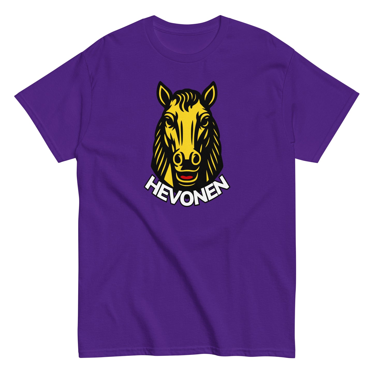 Meemirotta hevonen t-paita violettina, jossa keltainen hevosen päälogo