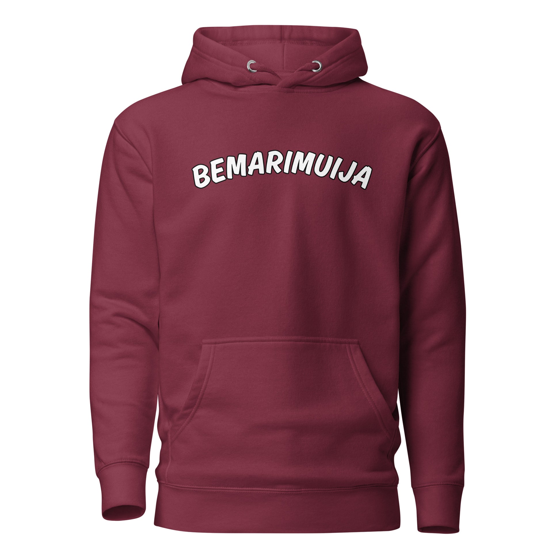 Burgundinpunainen bemarimuija huppari taskulla ja säädettävällä hupulla mukavaan käyttöön