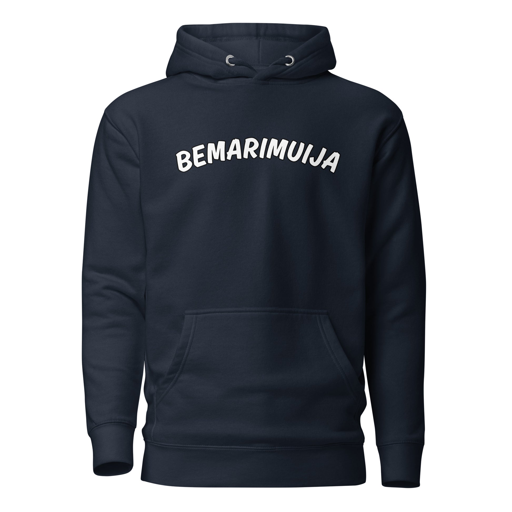 Meemirotta bemarimuija huppari tummansinisellä taustalla, edessä valkoinen teksti.