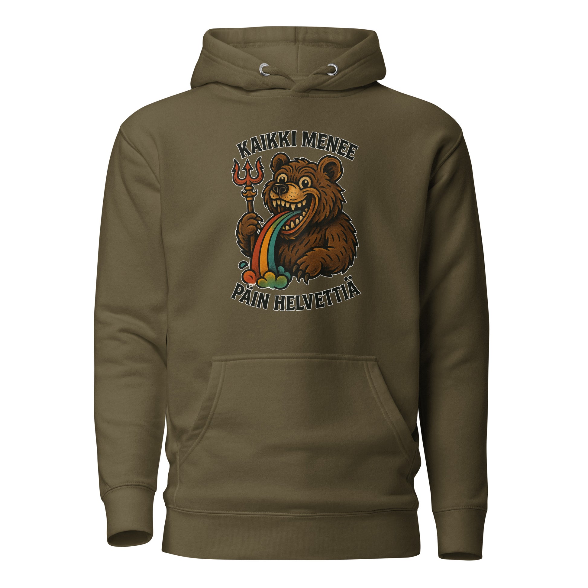 Meemirotta huppari ruskealla väriä ja hauska karhu graafinen printti edessä