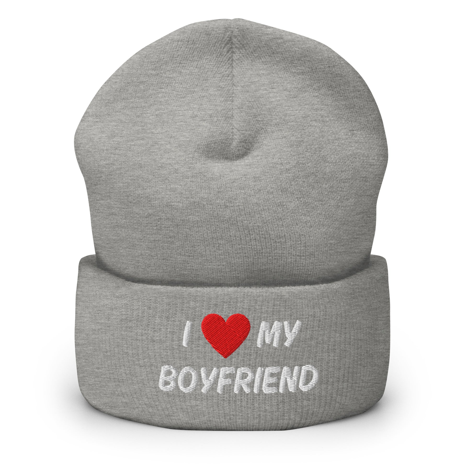 Harmaa pipo, jossa lukee I love my boyfriend punaisella sydämellä, täydellinen lahja rakastajalle