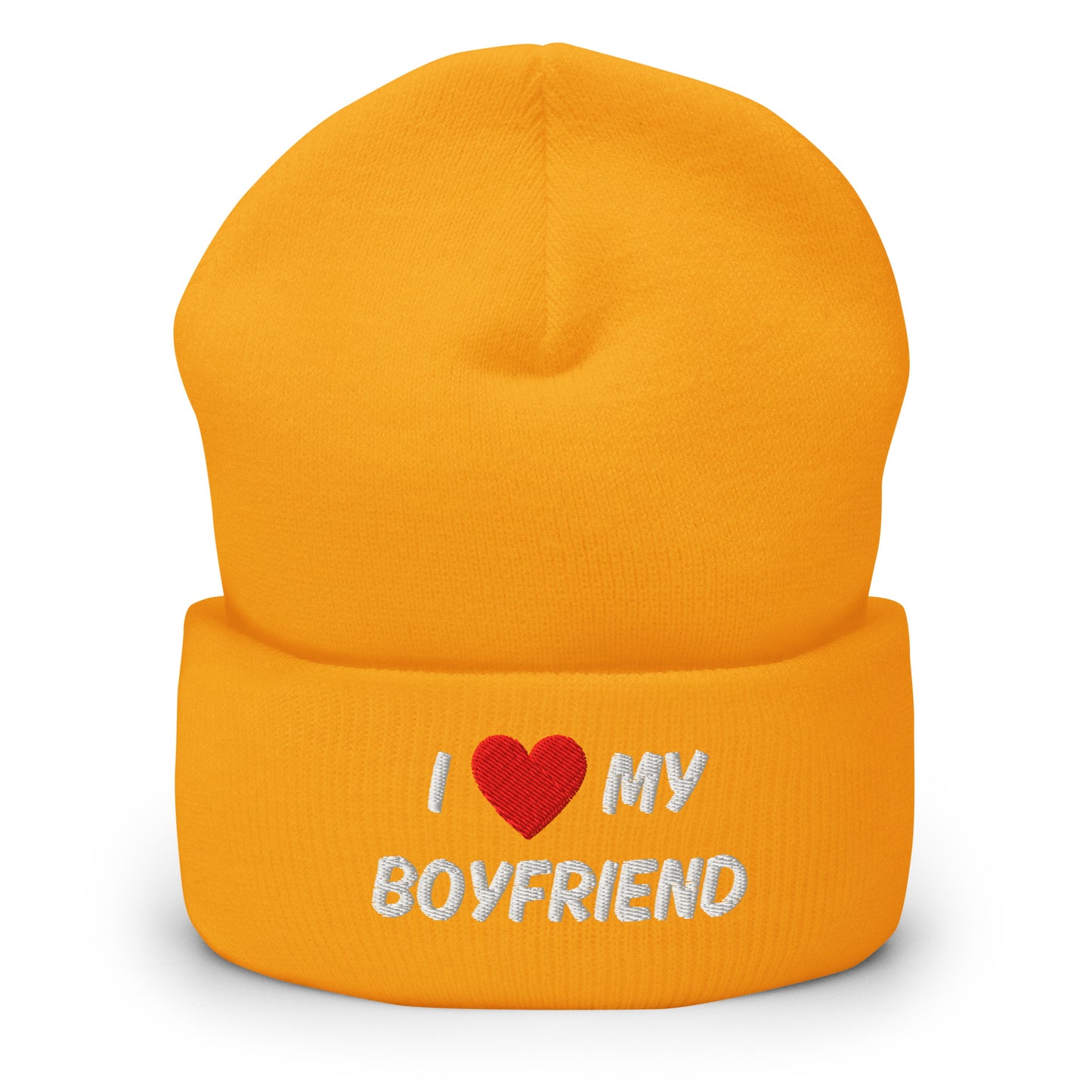 Keltainen pipo I love my boyfriend, jossa punainen sydän ja valkoinen teksti