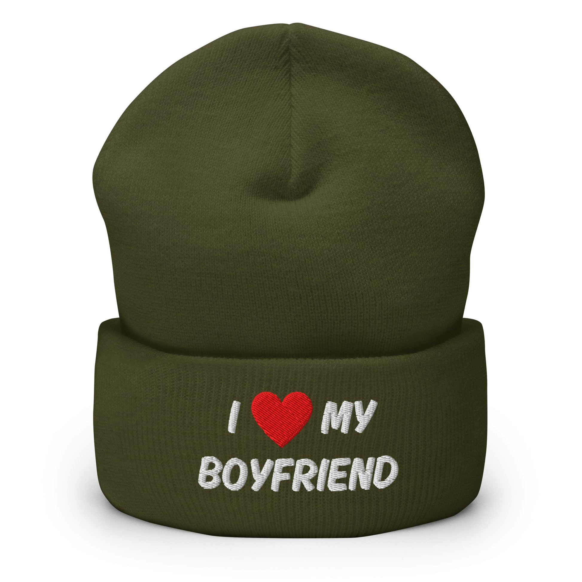I love my boyfriend pipo oliivinvihreä merinovillalakki kauniilla valkoisella brodeerauksella