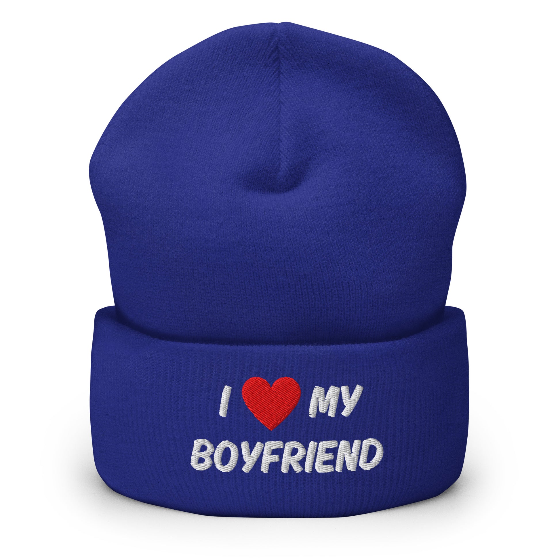 Sininen pipo, jossa on teksti I love my boyfriend, mukava ja lämmin talvikäyttöön