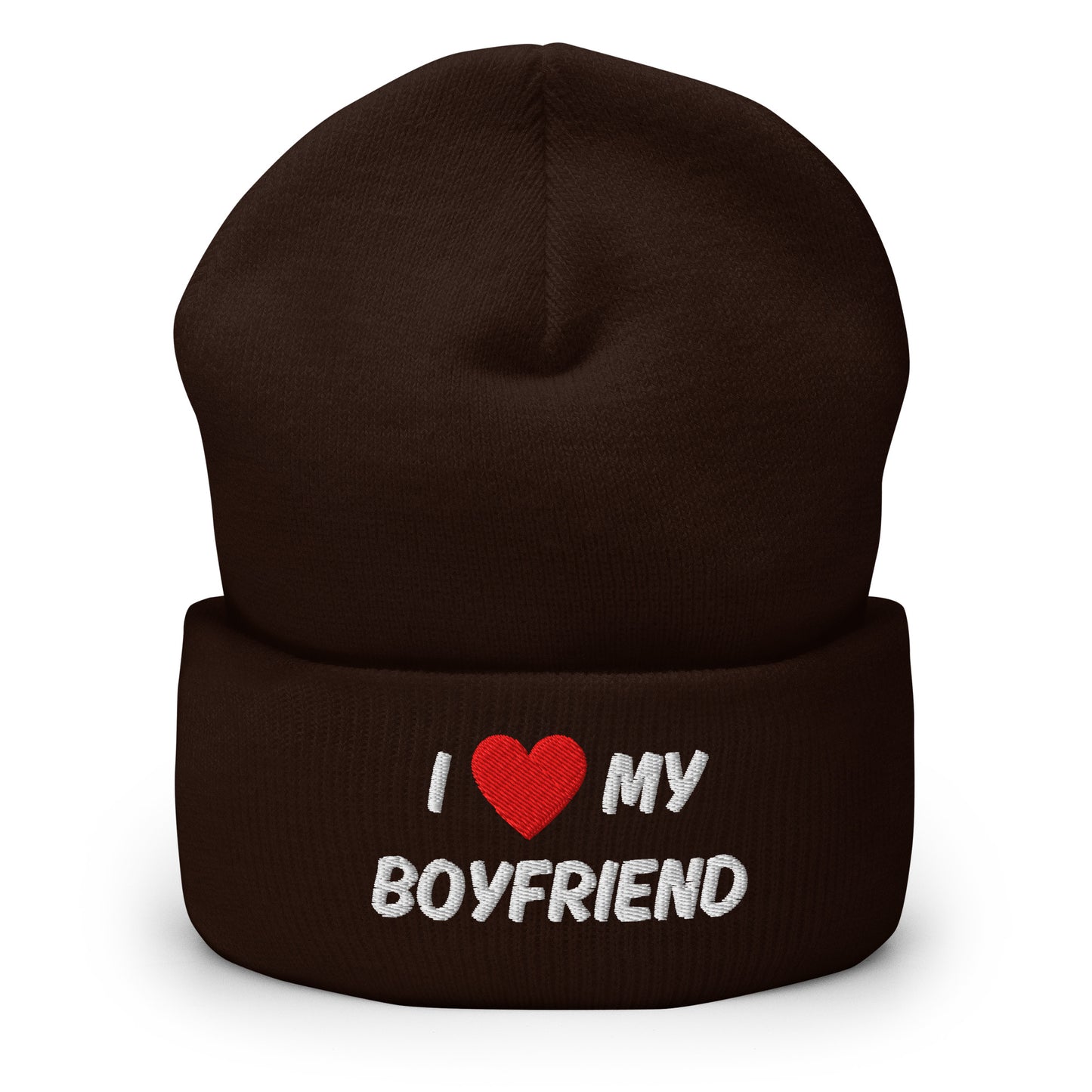 Tummanruskea I love my boyfriend pipo, jossa on valkoinen ja punainen brodeeraus