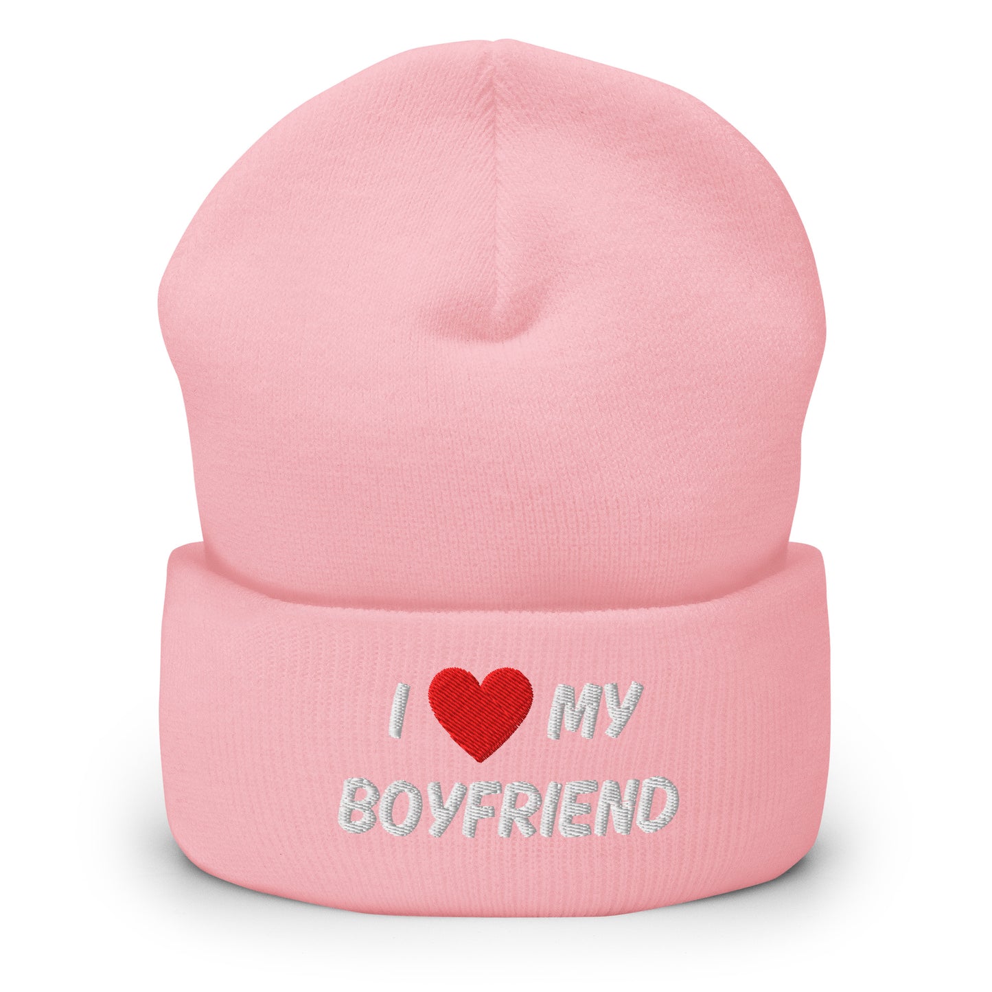 Vaaleanpunainen I love my boyfriend pipo, jossa on sydän ja näyttävä teksti