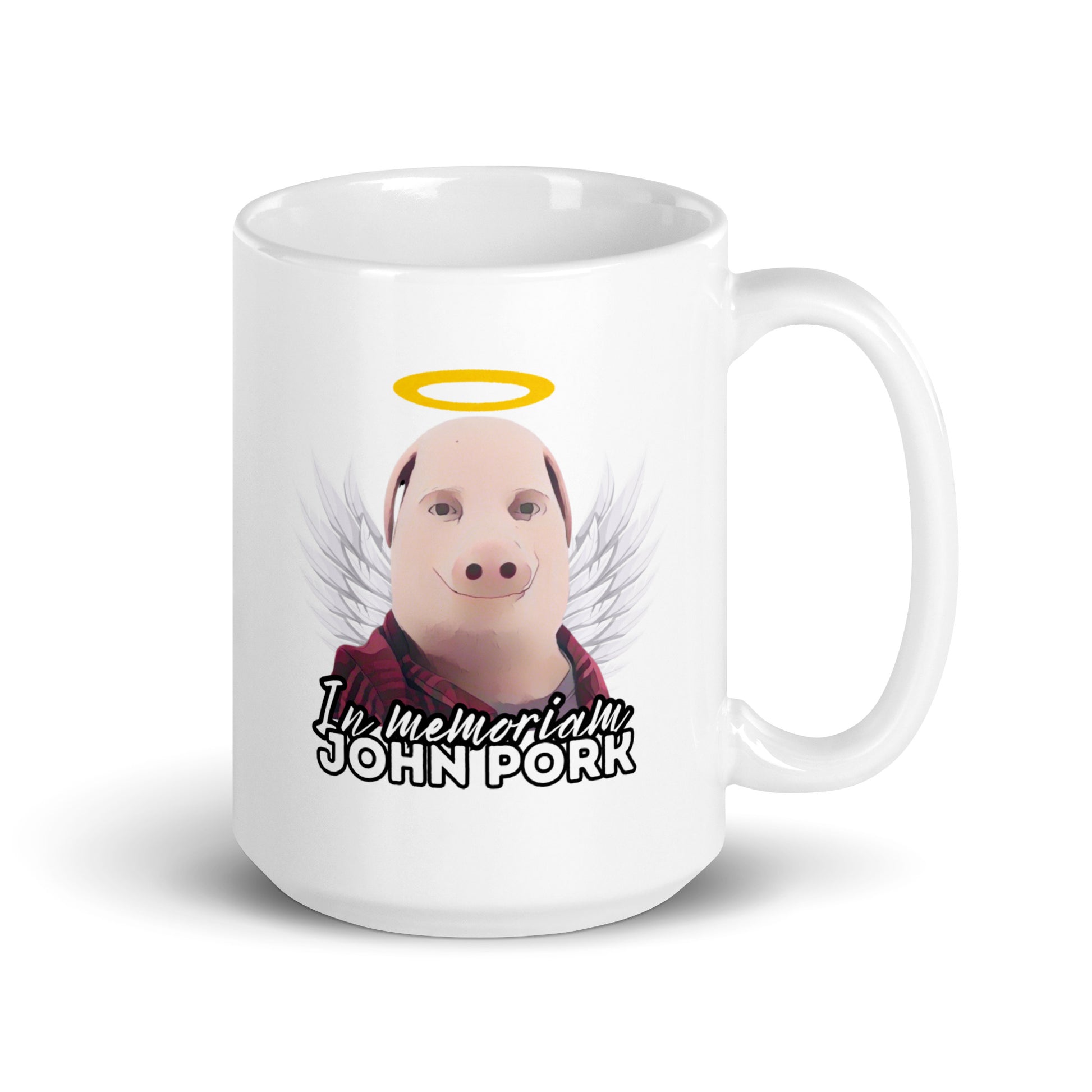John Pork muki valkoisella taustalla, jossa on enkelin siivet ja teksti 'In memoriam'
