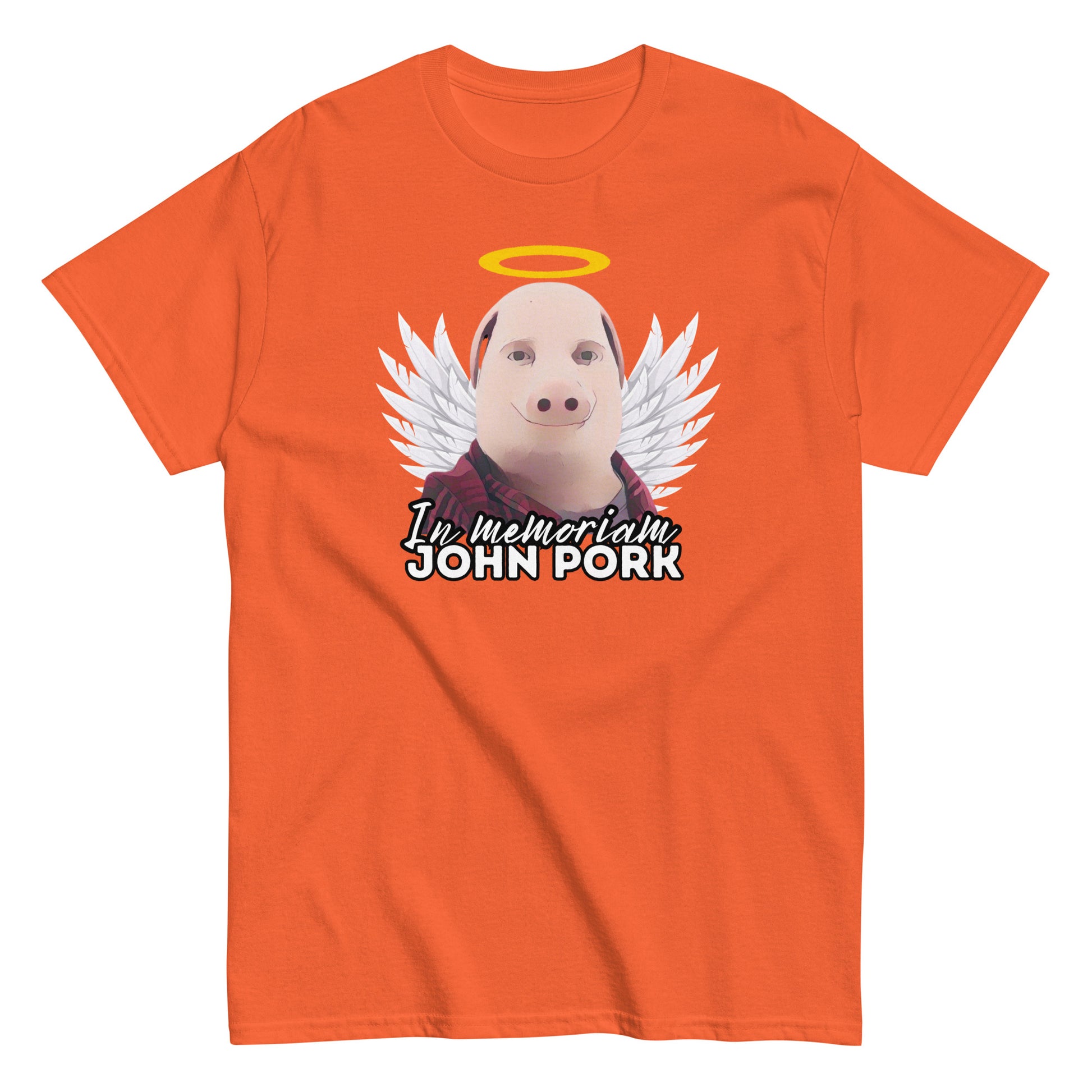 Oranssi John Pork t-paita, jossa on enkelinsiivet ja teksti In memoriam