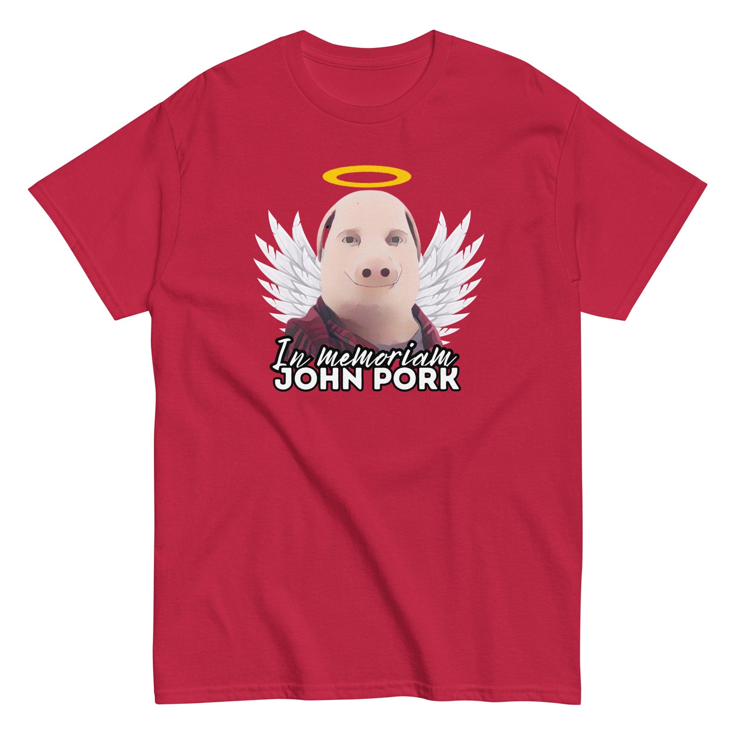 Punainen John Pork t-paita, jossa enkelisiivet ja teksti 'In memoriam John Pork'