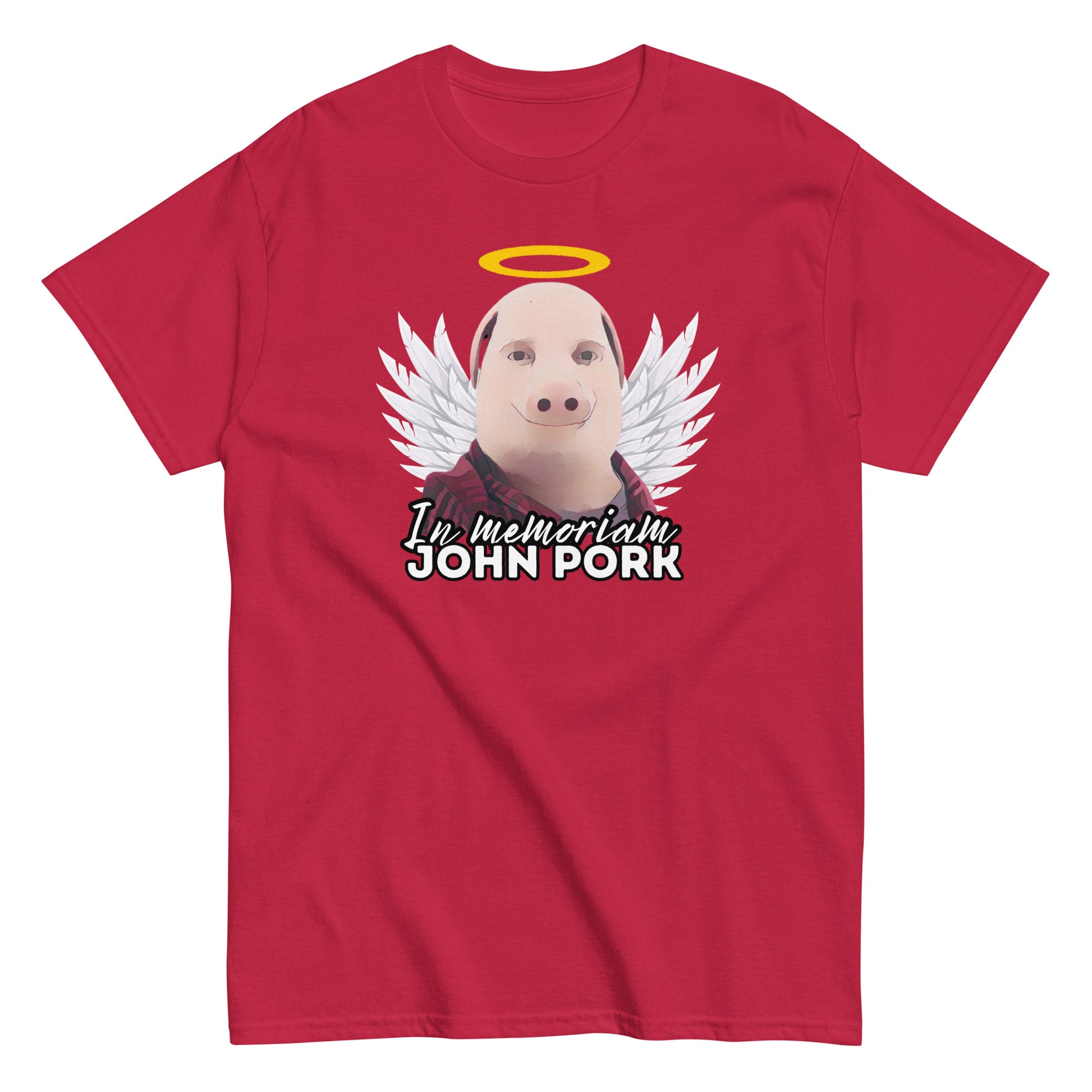 Punainen John Pork t-paita, jossa enkelisiivet ja teksti 'In memoriam John Pork'