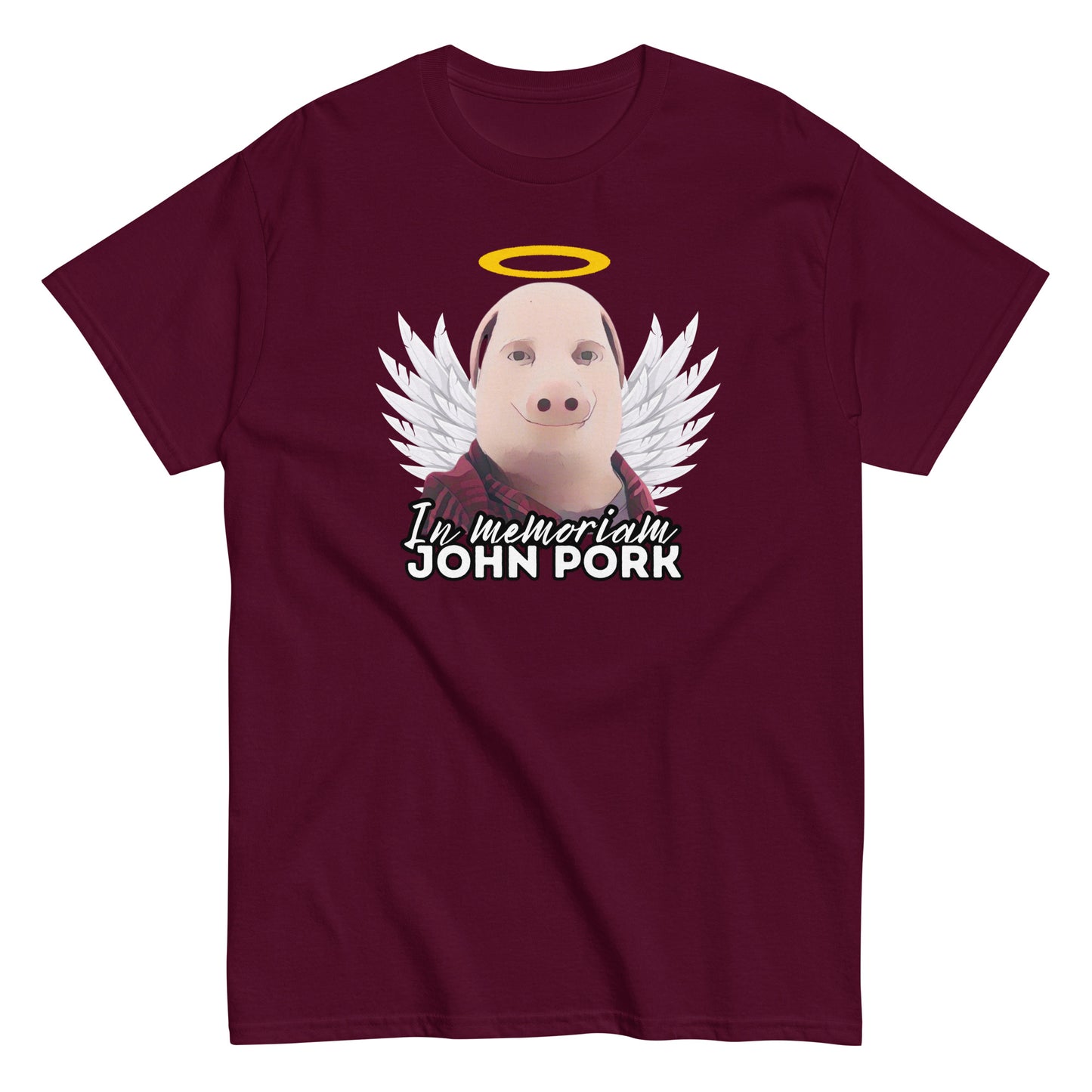 Burgundinvärinen John Pork t-paita enkelisiiven ja tekstin kanssa muistoissa