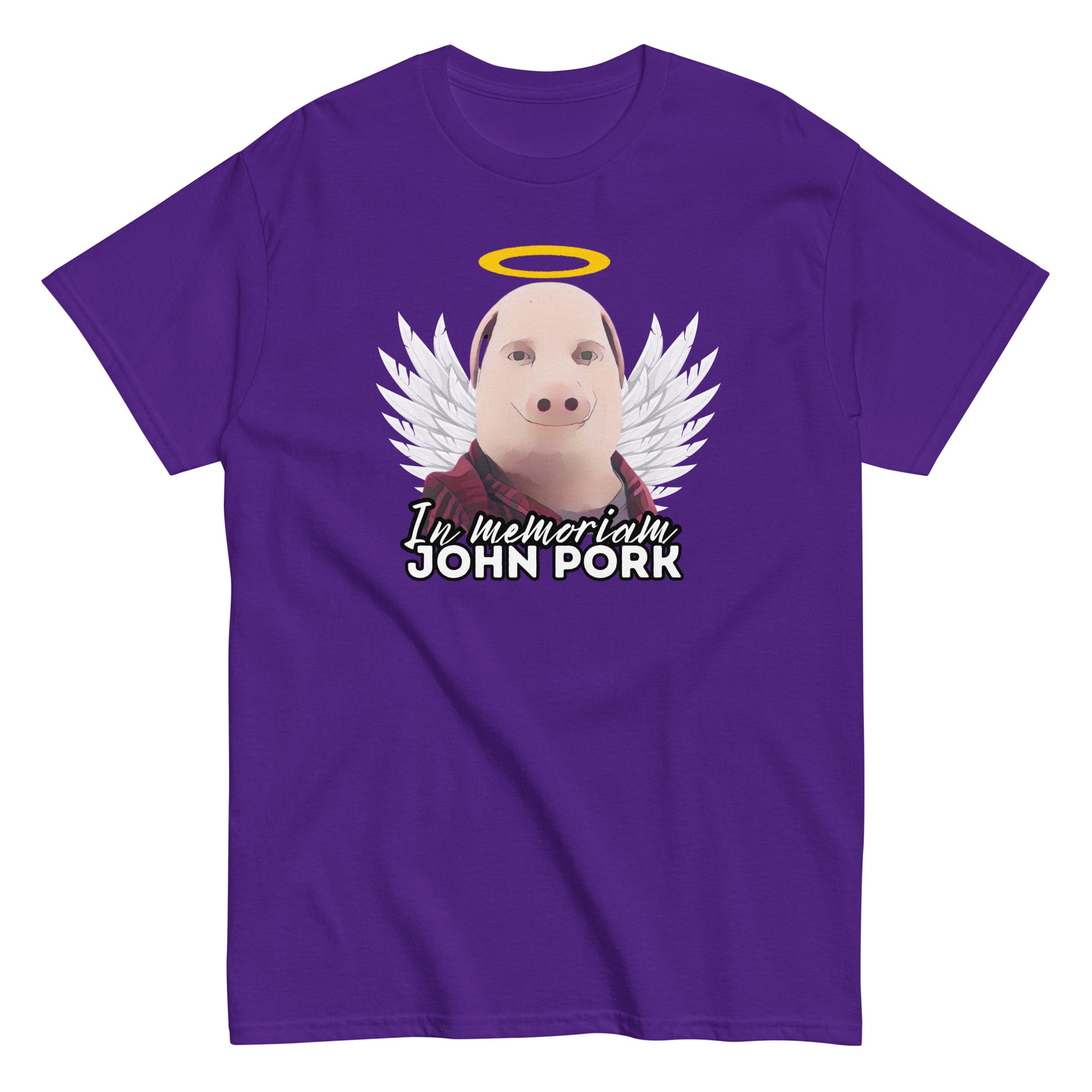 John Pork t-paita, violetti T-paita siivekkäällä possukuvalla ja muistotekstillä