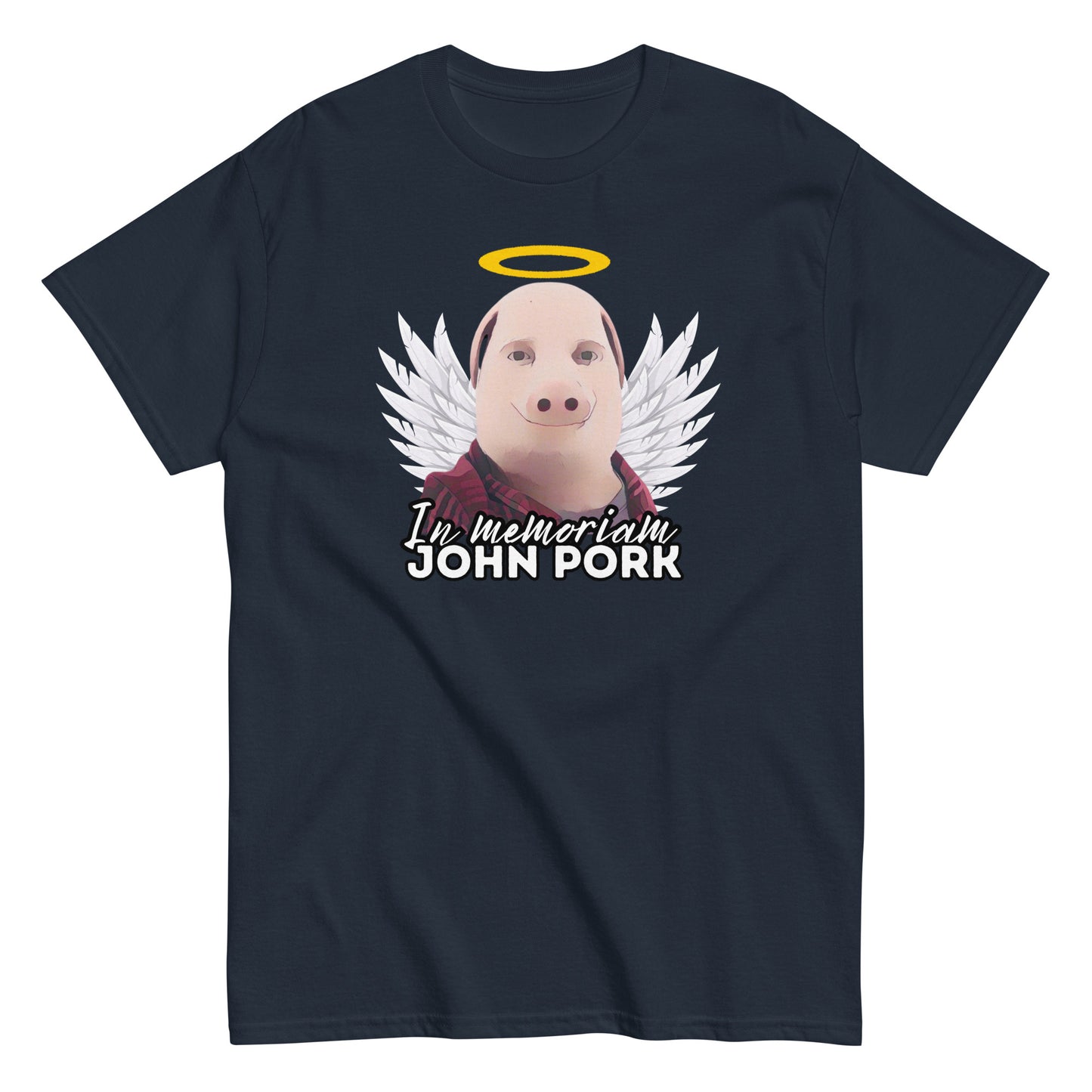 John Pork t-paita mustalla taustalla, jossa on siivet ja teksti 'I'm memorial John Pork'
