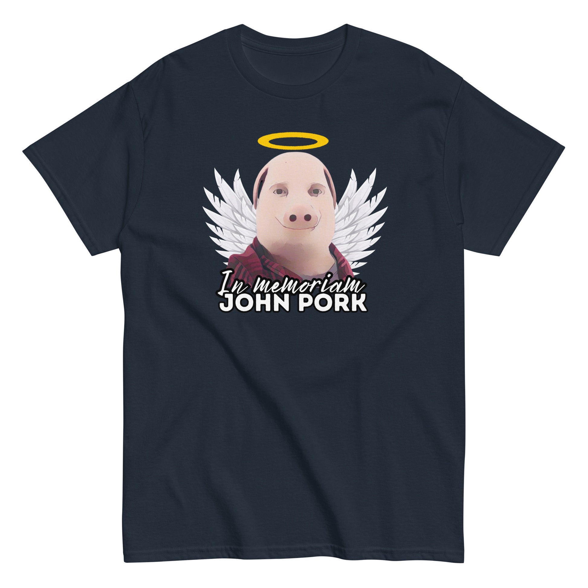 John Pork t-paita mustalla taustalla, jossa on siivet ja teksti 'I'm memorial John Pork'