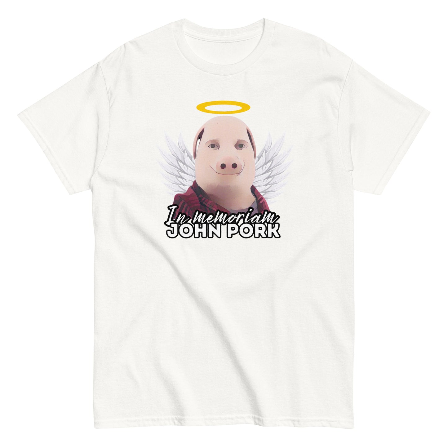 John Pork t-paita valkoisella taustalla, jossa enkelinsiivet ja teksti In memoriam