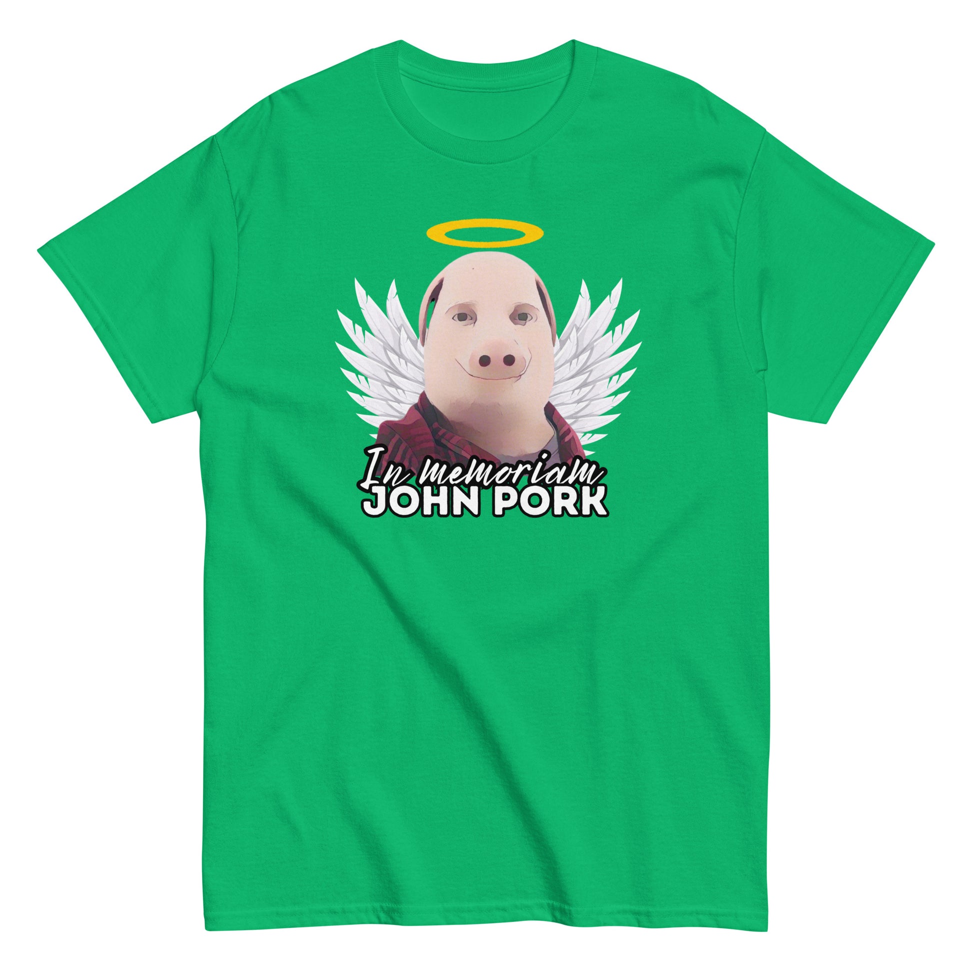 Vihreä John Pork t-paita siivekkäällä possulla ja tekstillä In memoriam