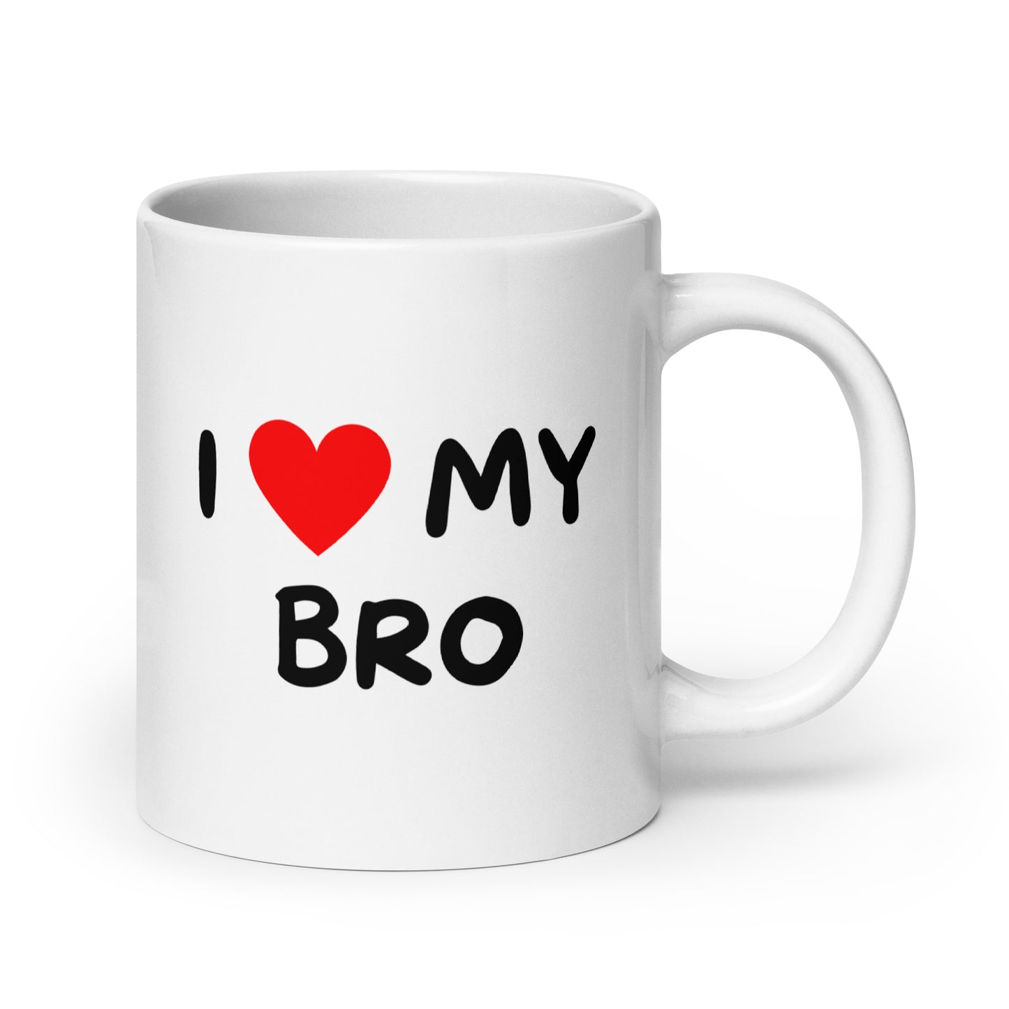 Valkoinen kahvikuppi lahjaksi, jossa teksti I love my bro ja punainen sydän