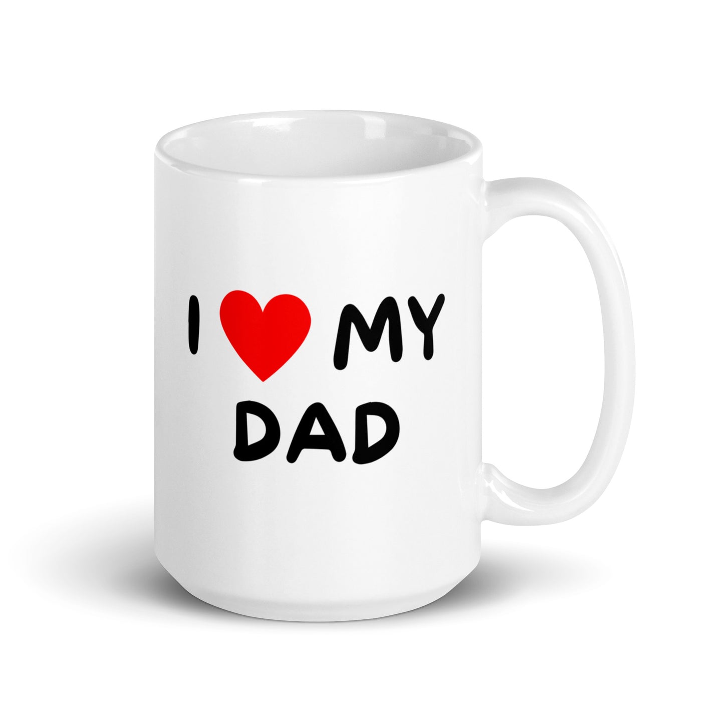 Valkoinen kahvikuppi lahjaksi, jossa teksti I love my dad ja punainen sydän