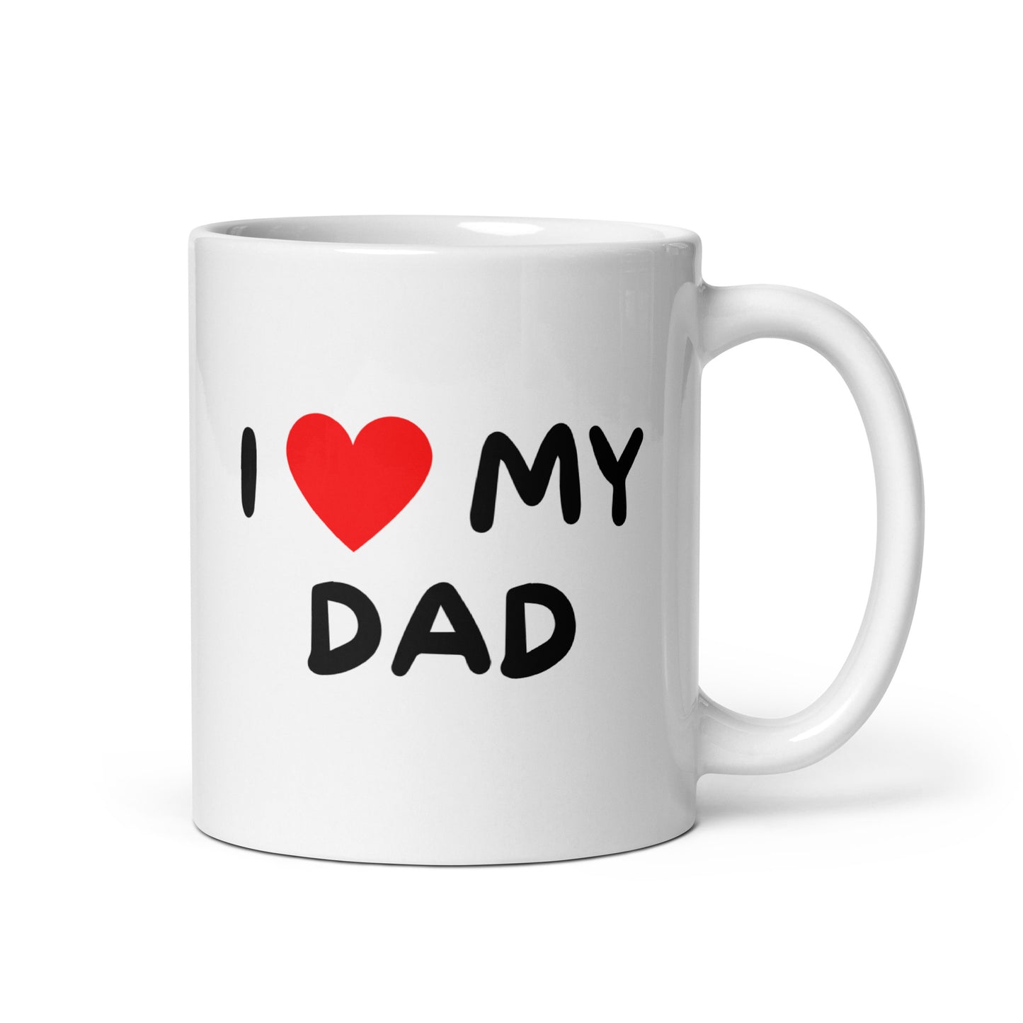 Valkoinen kahvikuppi lahjaksi, jossa teksti I love my dad ja punainen sydän