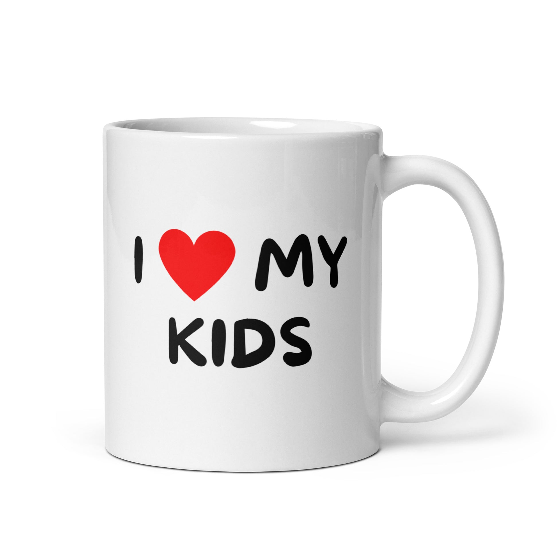 Valkoinen kahvikuppi lahjaksi, jossa lukee I love my kids mustalla tekstillä ja punaisella sydämellä