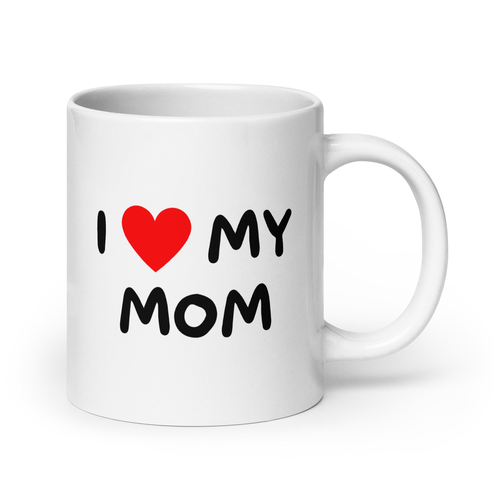 Meemirotta valkoinen kahvikuppi lahjaksi, jossa teksti I love my mom punaisella sydämellä