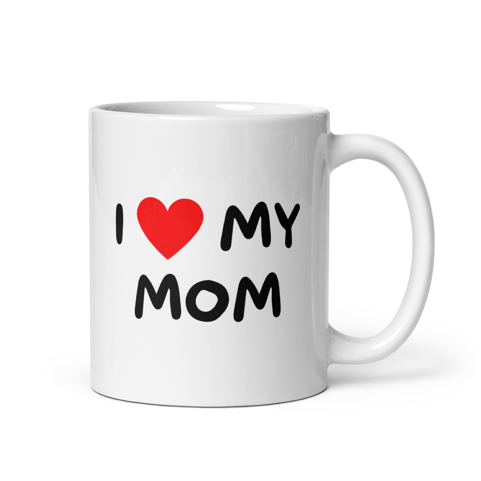 Kahvikuppi lahjaksi, jossa teksti I love my mom punaisella sydämellä