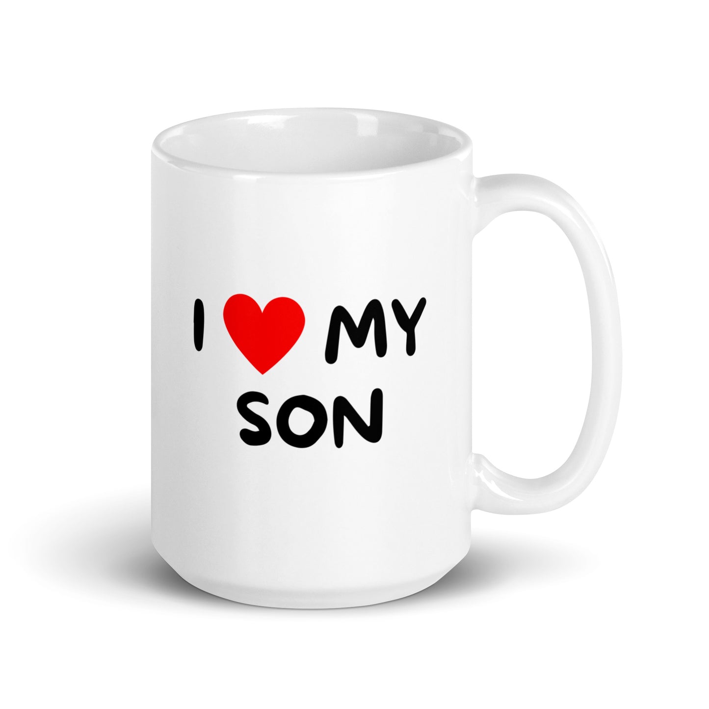 Valkoinen kahvikuppi lahjaksi, jossa teksti I love my son, sopii täydellisesti äidille ja lahjaksi
