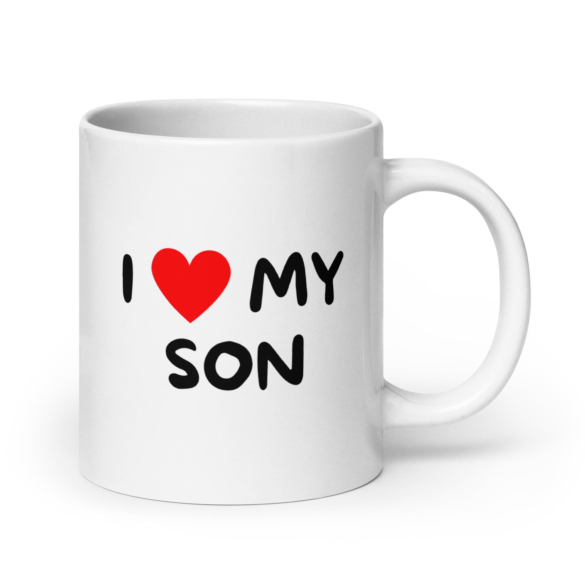 Valkoinen kahvikuppi lahjaksi, jossa teksti I love my son ja punainen sydän