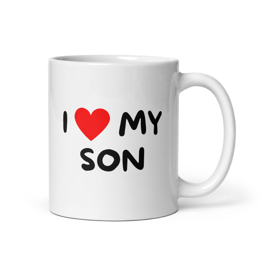 Meemirotta I love my son kahvikuppi lahjaksi valkoisella pohjalla ja värikkäällä tekstillä